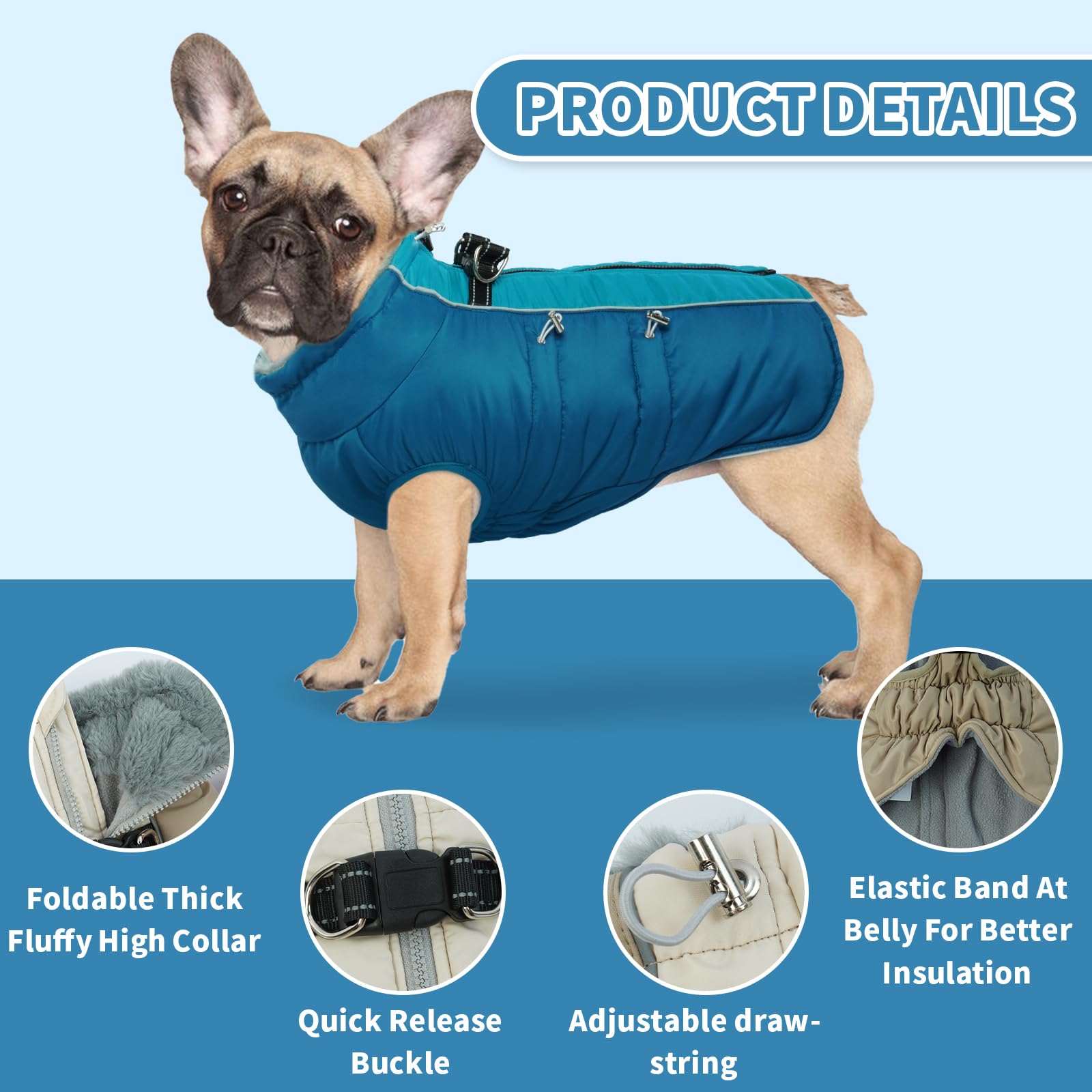 IDOMIK Warm Dog Coat with Harness, Waterproof Fleece Jacket, Size S, Blue