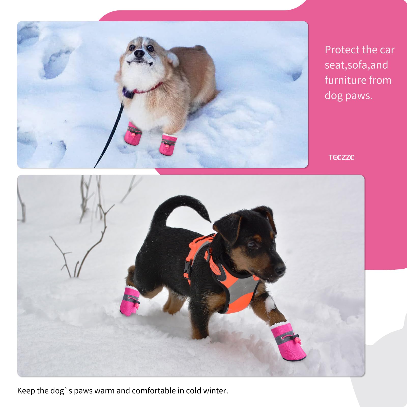 Teozzo Dog Boots Dog Snow Boots For Winter Dogs Boots & Paw Protector Warm Dog Booties For Puppy With Reflective Strip Dog Shoes For Small Medium Size Dogs 4Pcs Pink Size6