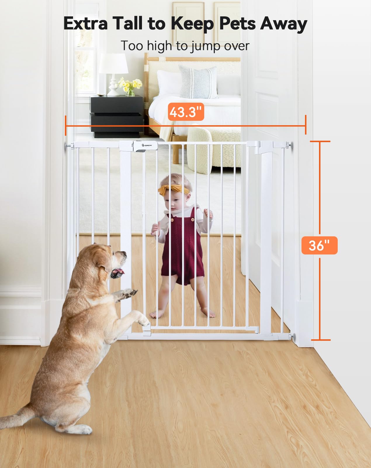 Comomy 36' Extra Tall Baby Gate For Stairs Doorways, Fits Openings 29.5' To 43.3' Wide, Auto Close Sturdy Safety Dog Gate For House, Pressure Mounted Easy Walk Through Pet Gate With Door, White