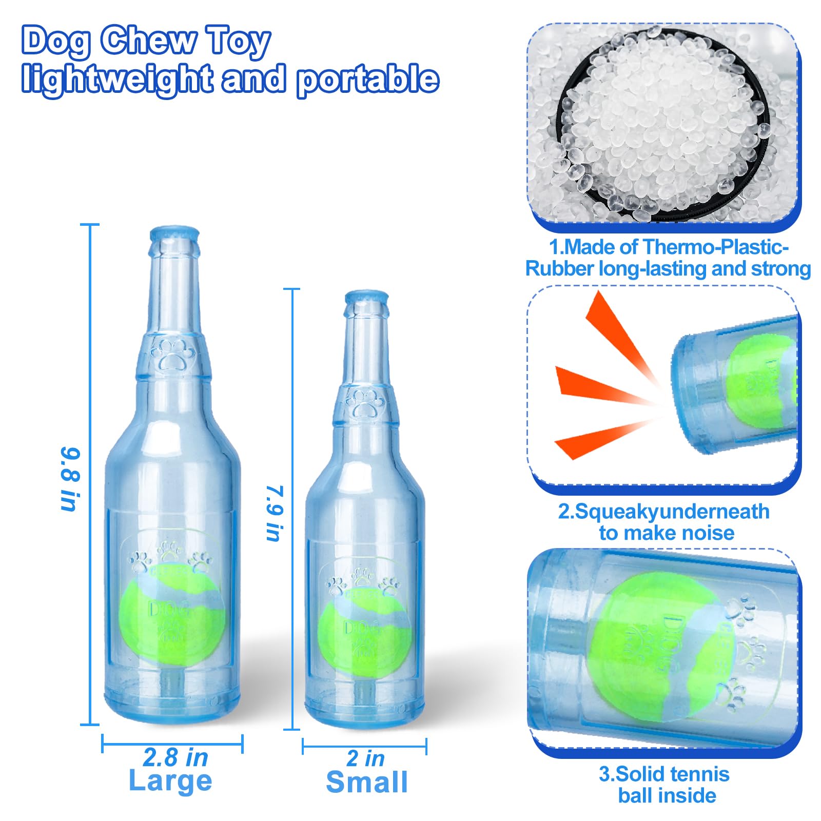 Squeaky Chew Toy For Dogs, Tpr Bottle With Tennis Ball Inside (Blue, Large)
