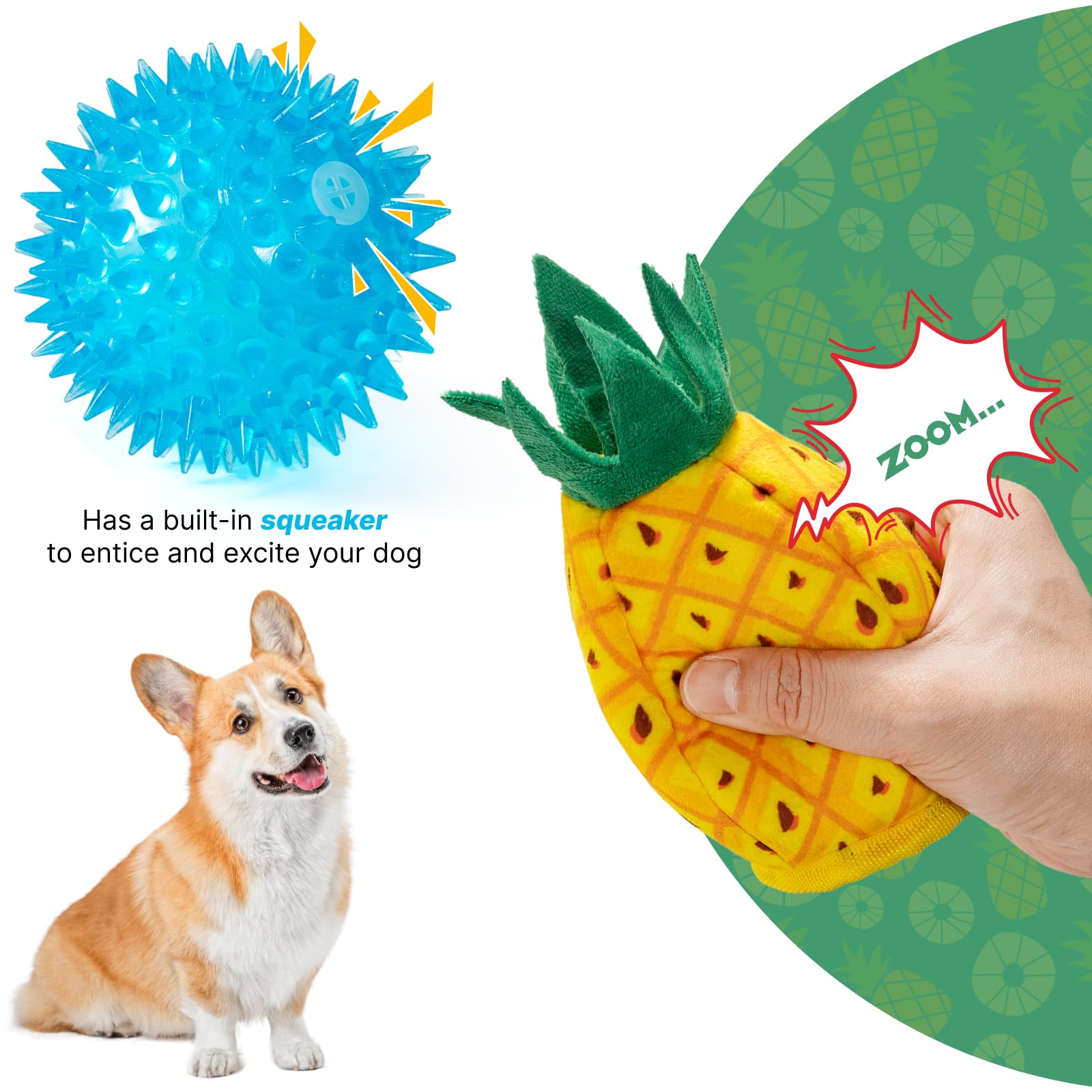 No Stuffing 3Pc Squeaky Dog Toys 2 In 1 Interactive Plush Dog Toy Pineapple Shaped Rip&Reveal Toy For Boredom- Perfect For Chew&