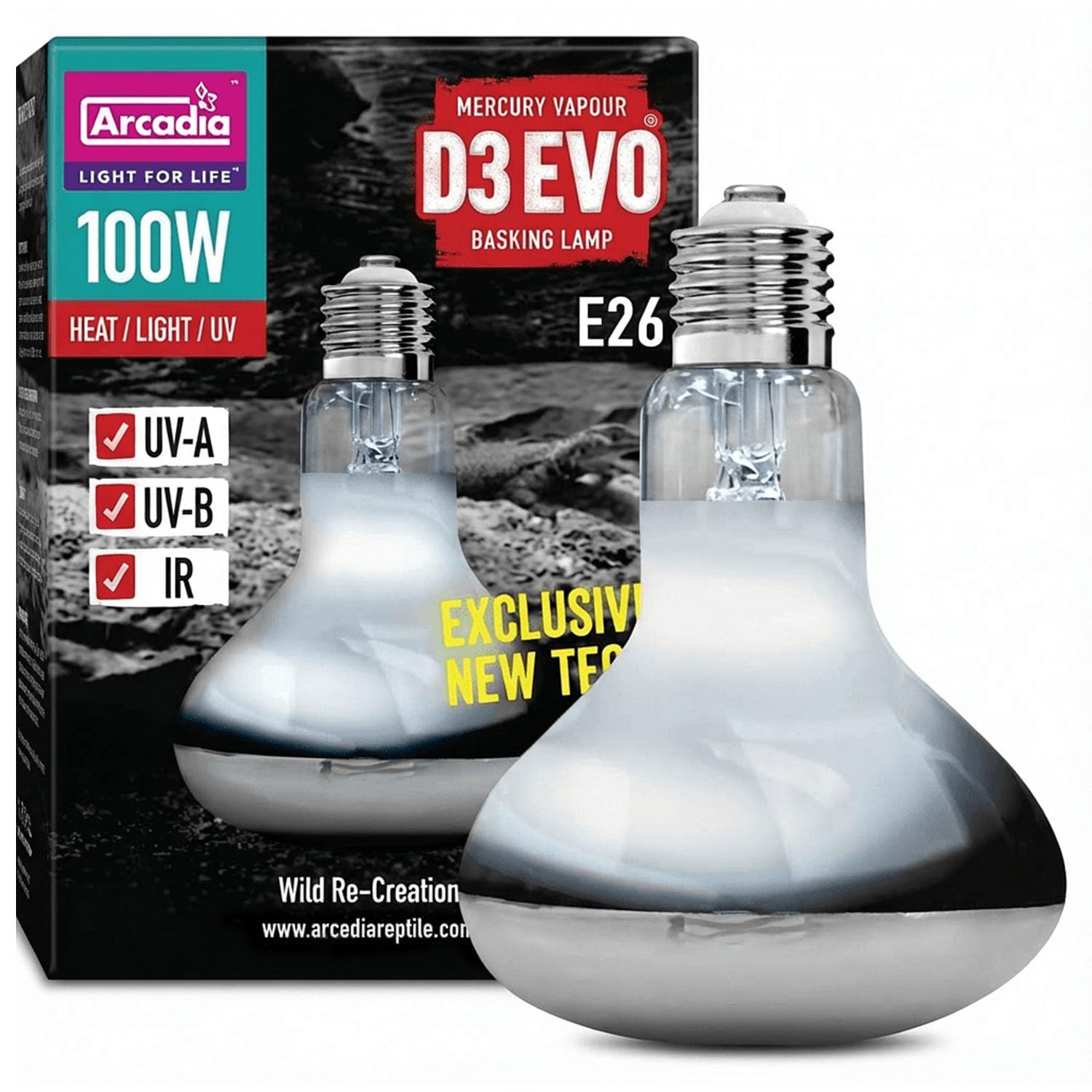 Arcadia D3 EVO UVB Basking Lamp 100W - Mercury Vapor Reptile Heat Lamp Bulbs for Bearded Dragons, Tortoises, Snakes and Turtle T