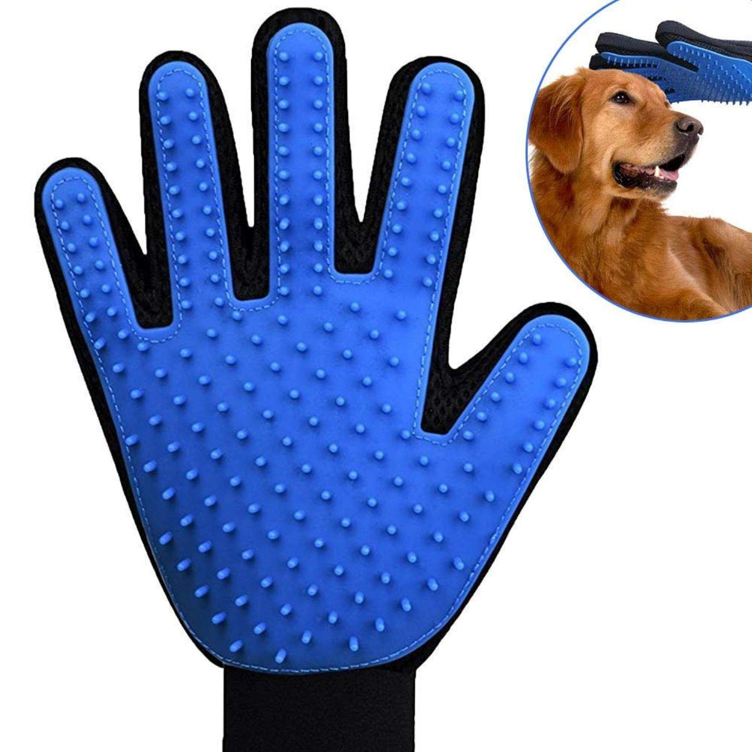 Pet Needs Efficient Pet Hair Remover Gentle Deshedding Grooming Brush Glove With 5 Finger DesignBlue (Medium)