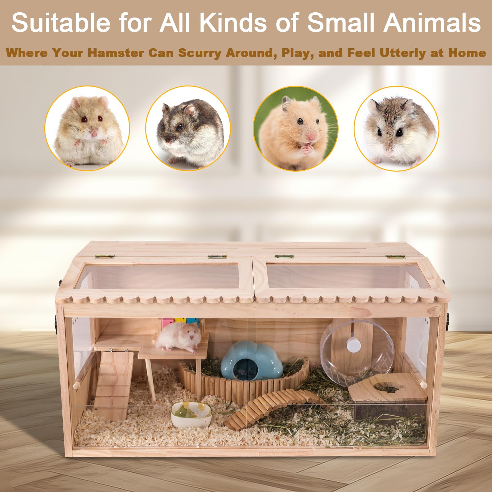 Wooden Hamster Cage, 32X16Guinea Pig Cage, Small Animal Cage For Dwarf Syrian Hamsters Degus Mice & Other Small Pets. Large