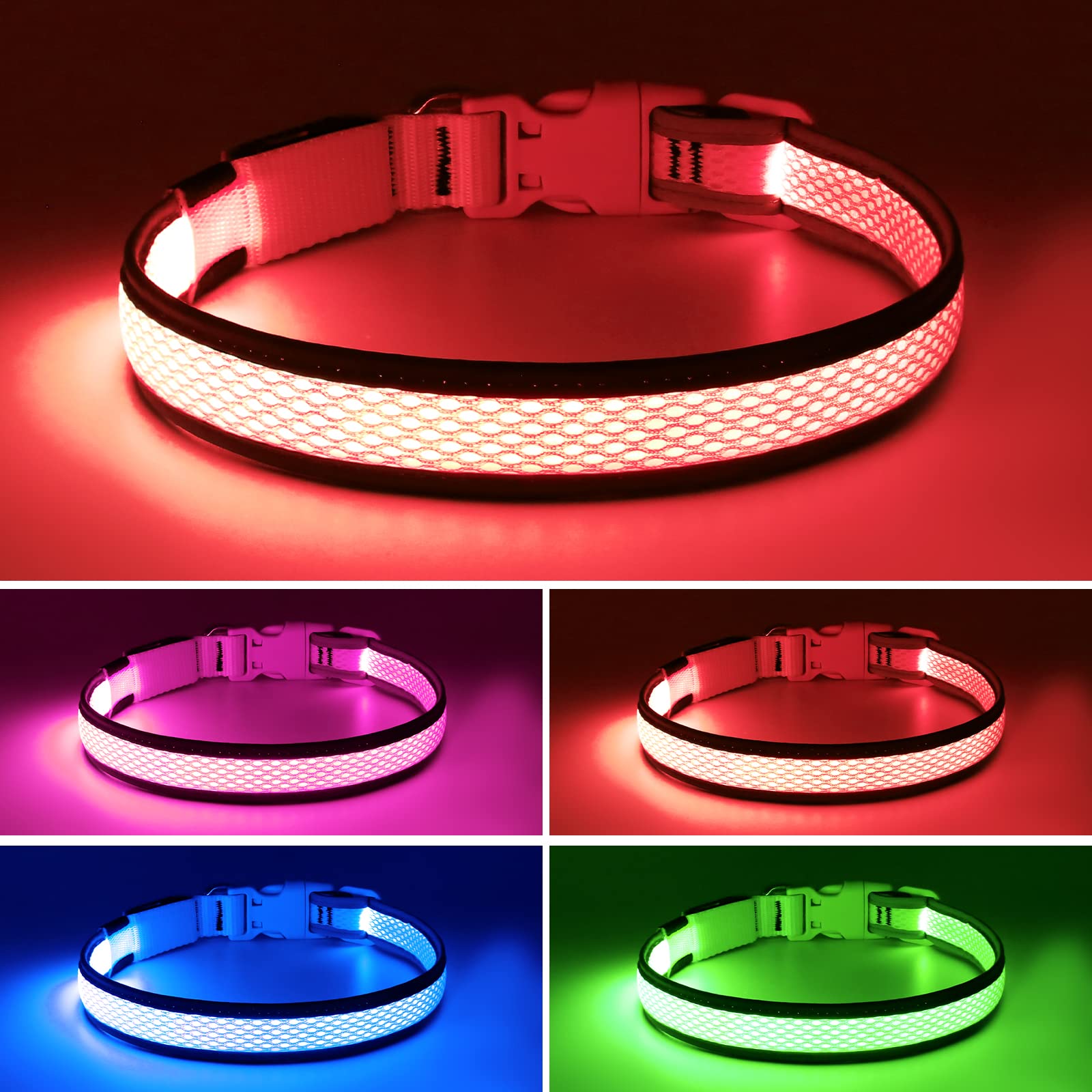 Flashseen Led Dog Collar, Usb Rechargeable Light Up Dog Collar Lights, Adjustable Comfortable Soft Mesh Safety Dog Collar For Small, Medium, Large Dogs(Small, Ruby Red)