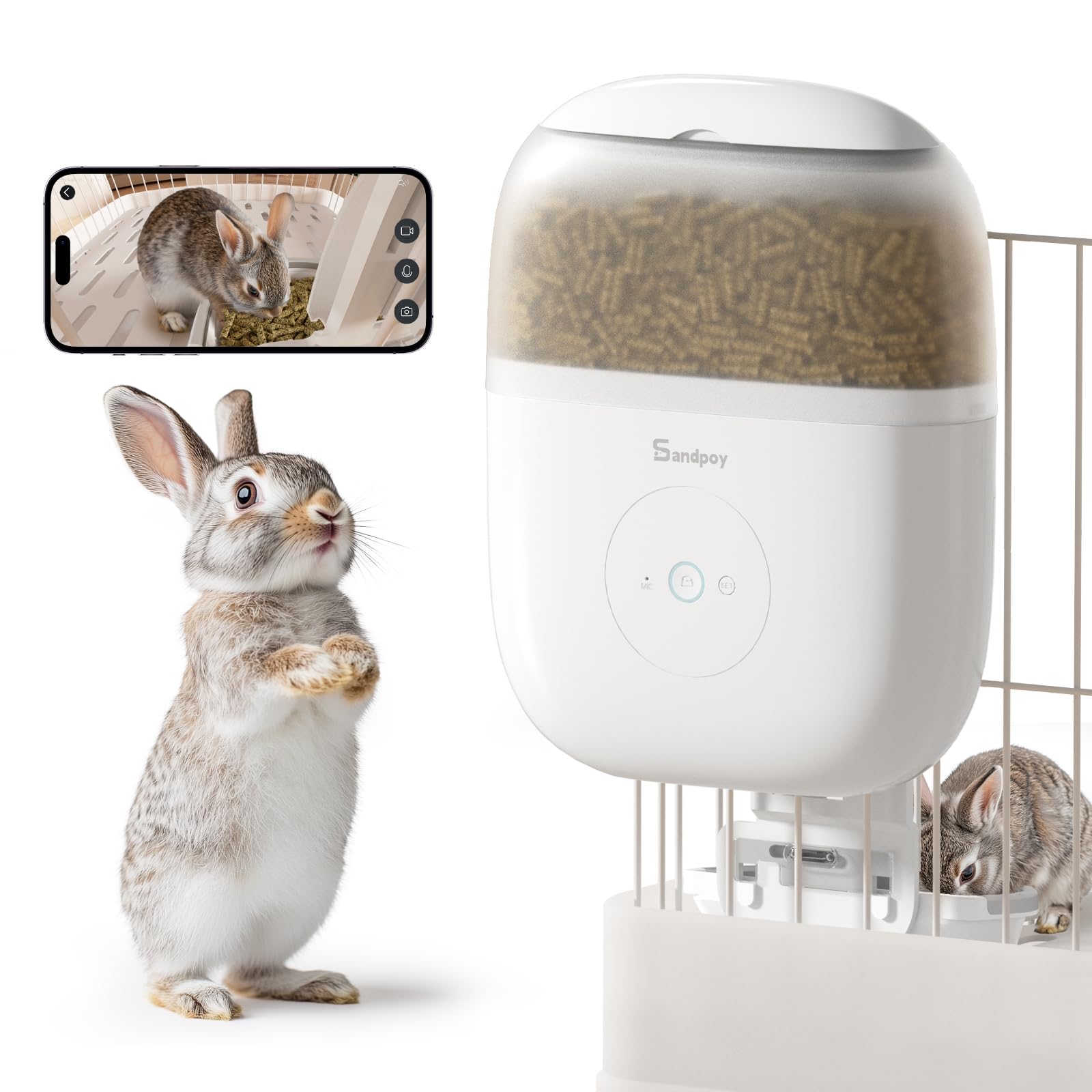 Sandpoy Hanging Automatic Rabbit Feeder with 1080P Camera, 62oz Storage, Multiple Pet Cage Compatibility, Customized Feeding Sch