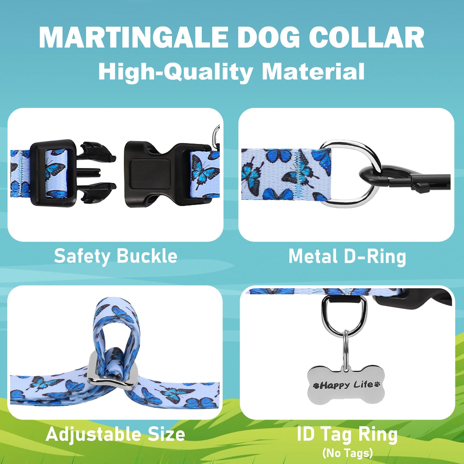 Fidohug Martingale Collar For Dogs With Buckle Cute Girl Adjustable Nylon No Pull Training Dog Collars (Blue Butterfly, Large)