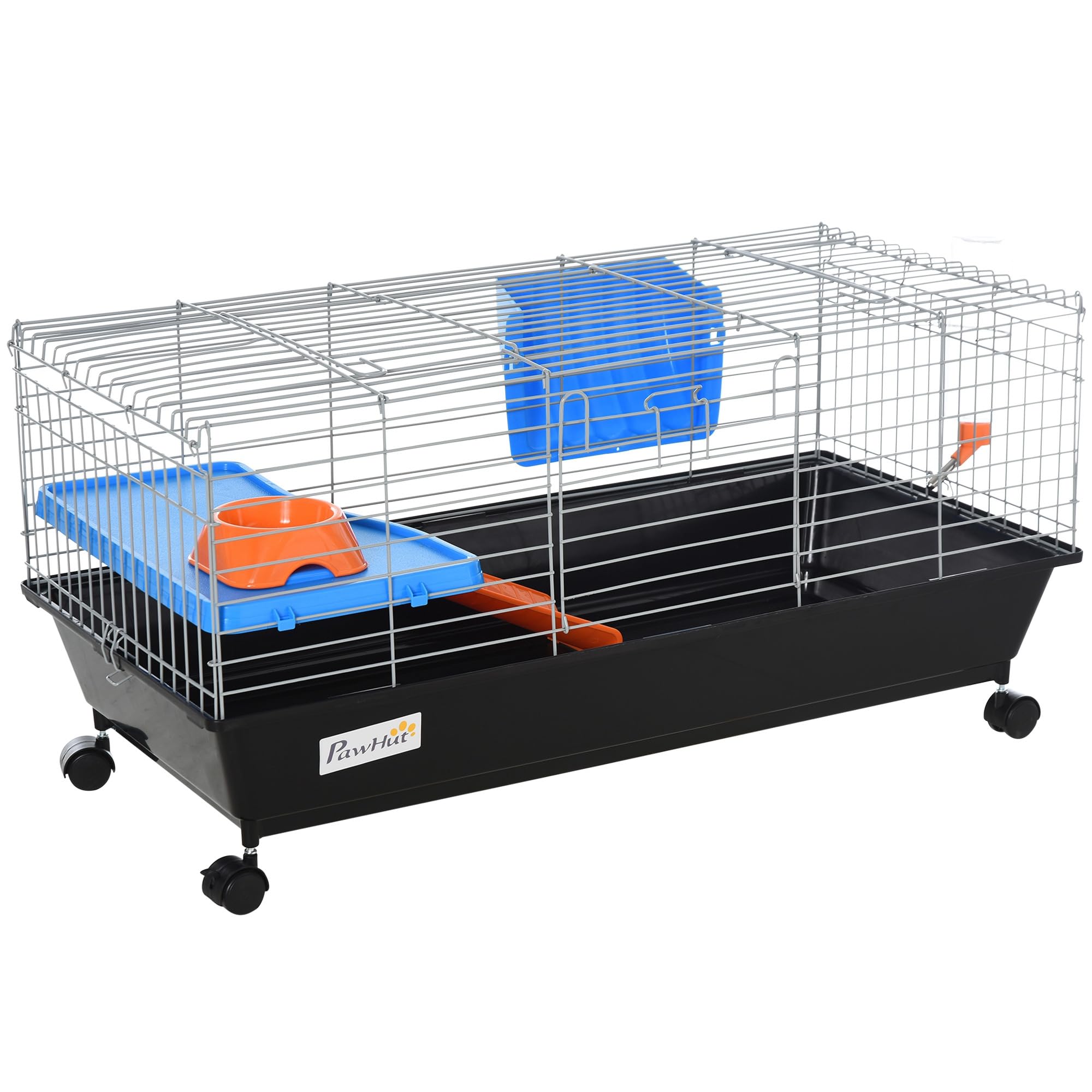 PawHut 35 L Small Animal Cage, Rolling Bunny Cage, Guinea Pig Cage with Food Dish, Water Bottle, Hay Feeder, Platform, Ramp for 