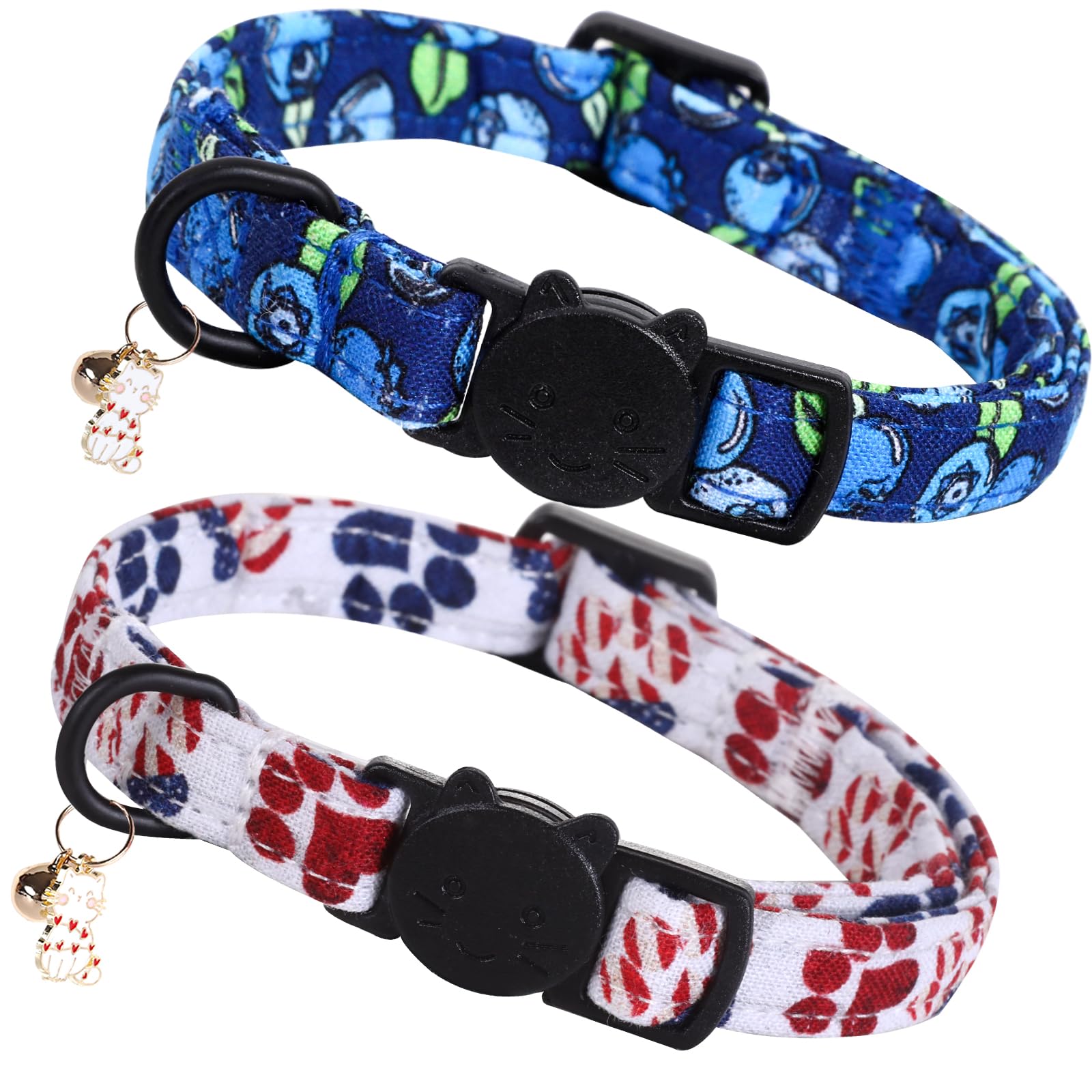 Elegant Little Tail 2 Pack Cat Collar- Blueberry Cotton Breakaway Cat Collars With Bell Pendant Kitten Boy Girl Safety Adjustabl