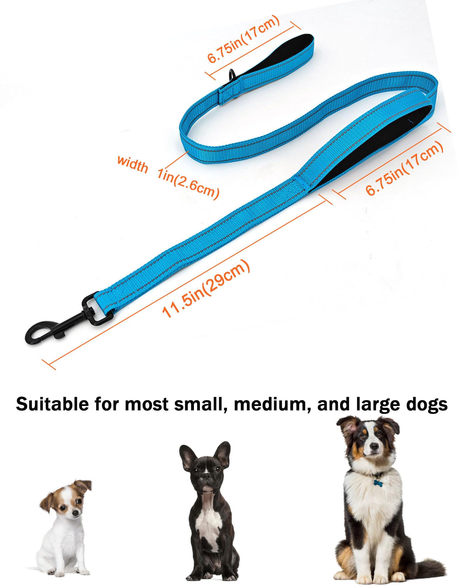 Solmoony 4Ft Blue Strong Dog Leash With 2 Padded Handles, Traffic Handle Extra Control, Double-Sided Reflective Walking Lead For