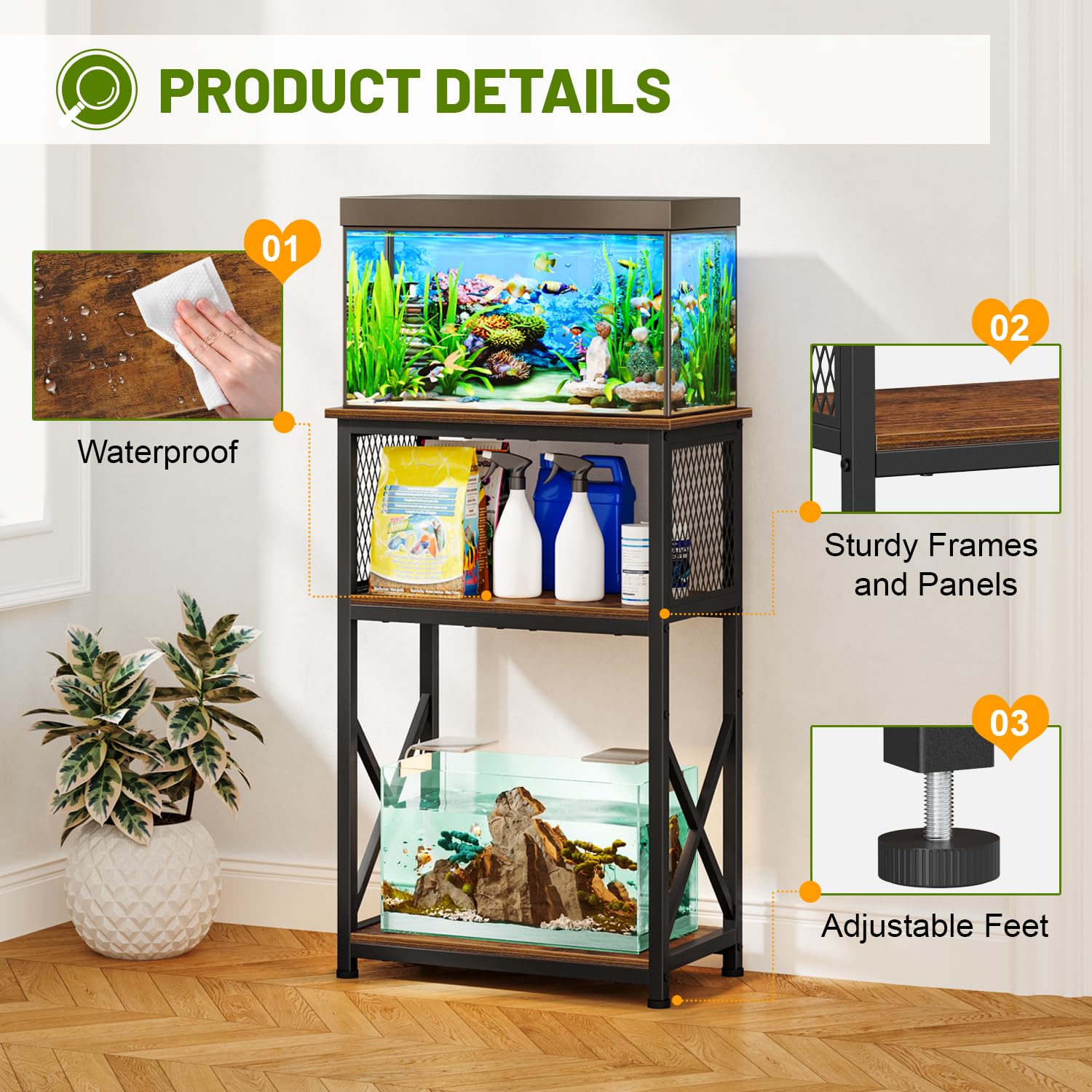 Snughome 10 Gallon Aquarium Stand, 3-Tier Heavy Metal Shelf, 20.47" x 11.42" x 30.91", Rustic Brown, Model YG