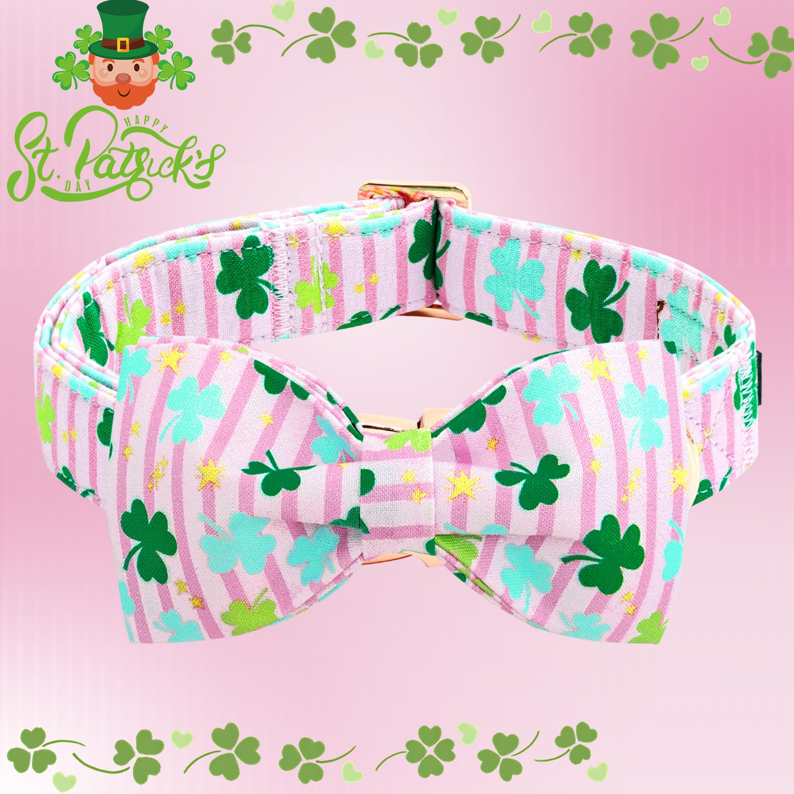 Lionheart Glory St.Patrick'S Day Dog Collar-Lucky Clover Shamrock Dog Bow Collar For Small Dogs Pink Spring Female Trefoil Dog C