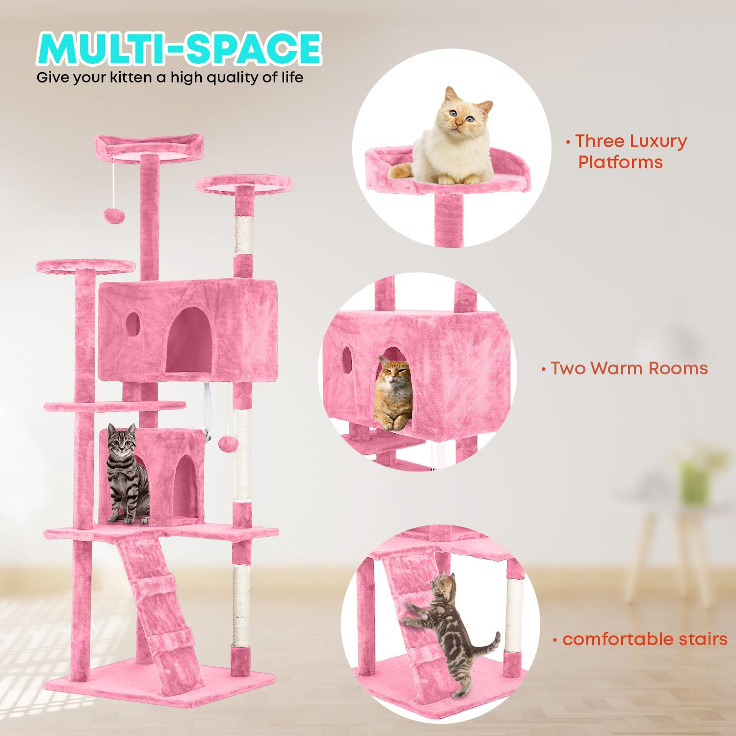 Fdw Cat Tree 70In Cat Tower Multi-Level Durable Cat Scratching Post & Cozy Fun Cat Jumping Platform Space Saving Cat Condo Pet Play House For Indoor Cats,Pink