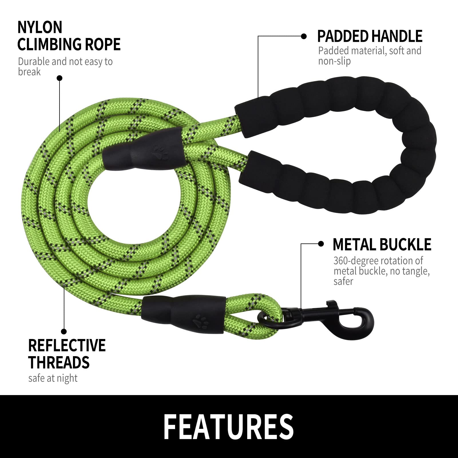 Panykoo 5 Ft Strong Pet Dog Leash With Highly Reflective Threads,360-Degree No Tangles And Comfortable Padded Handle,Suitable For Small,Medium And Large Dogsds