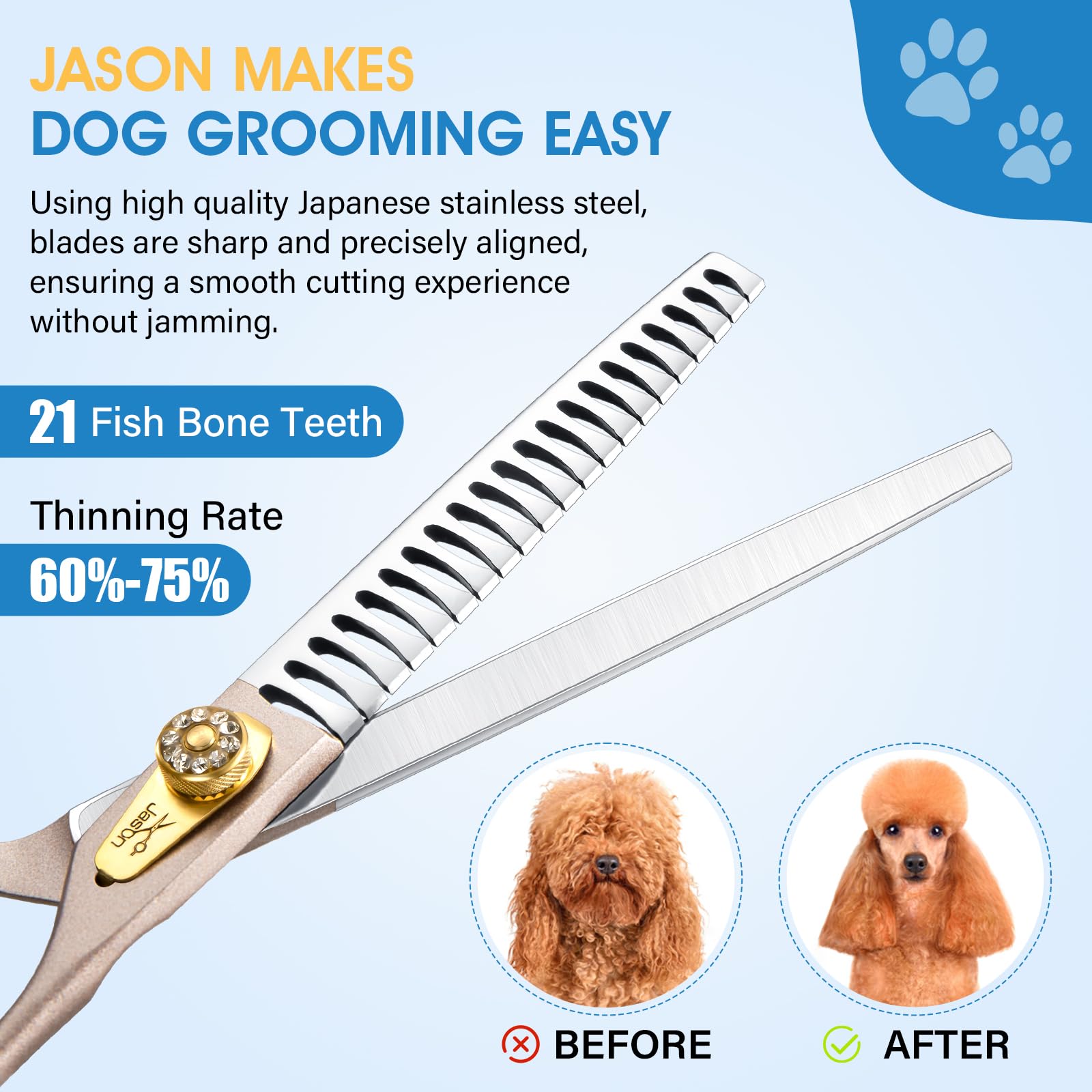 JASON Dog Grooming Scissors - 7 Inch Chunker Shear, Japanese 440C Stainless Steel, 21 Fishbone Teeth, Model A-1810