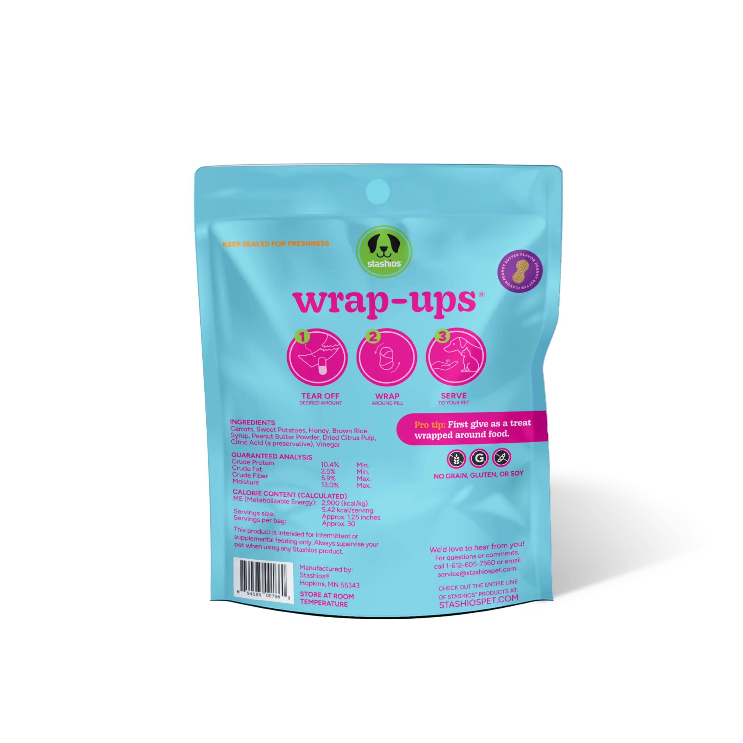 Stashios: Wrap-Ups: Pill Wrapper - Peanut Butter - 30 Servings Bag, Dogs & Cats, Pet Treat Hides Any Size Pills, All Natural Lim
