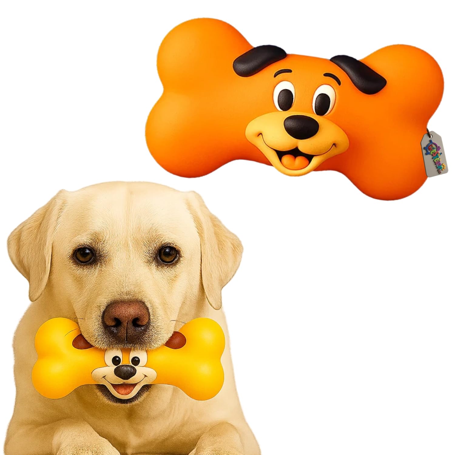 Western Era Dog Bone Squeaky Toy With Adorable Puppy Face | Chewable Soft Rubber Dog Chew Toy | Fun Bone Shape Squeaky Toy For D