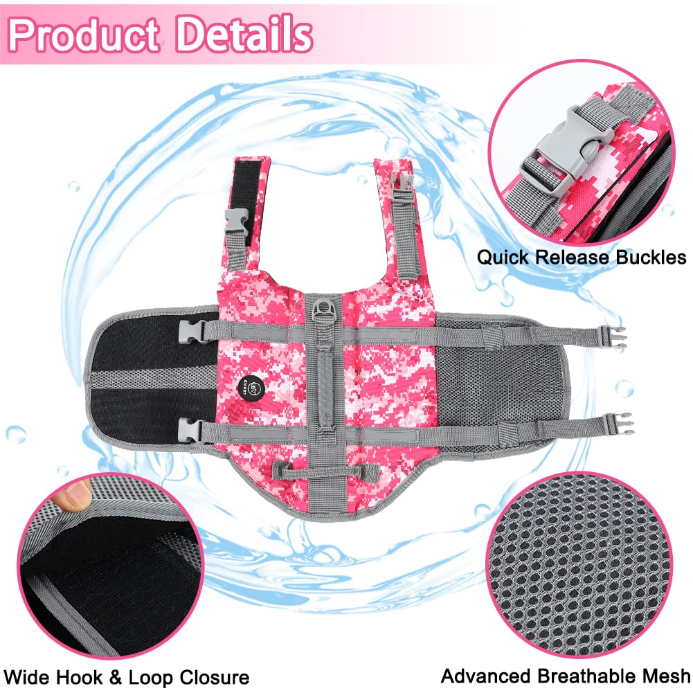 Emust Dog Life Jackets - High Buoyancy Flotation Vests For Swimming, Beach & Boating - S, New Pink Camouflage