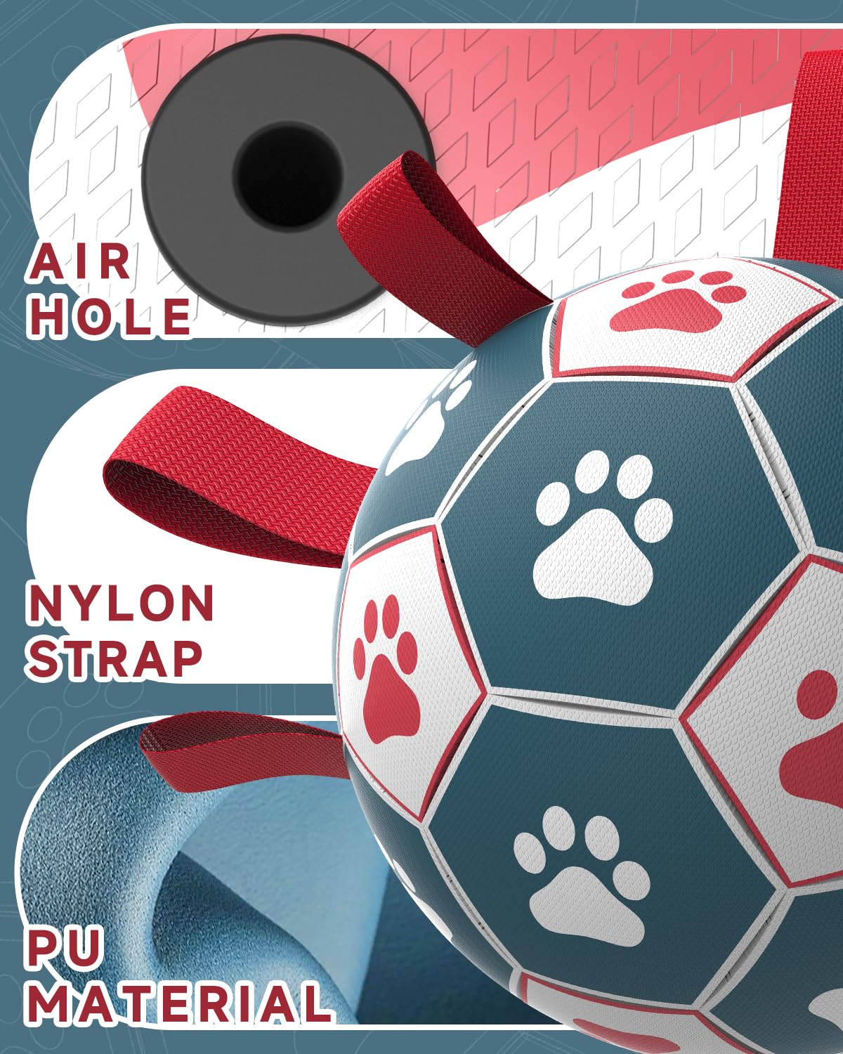 Qdan Dog Toys Soccer Ball With Straps - Durable Dog Balls For Giant Extra Large Dogs, Outdoor Dog Toys, Dog Water Toy, Herding B