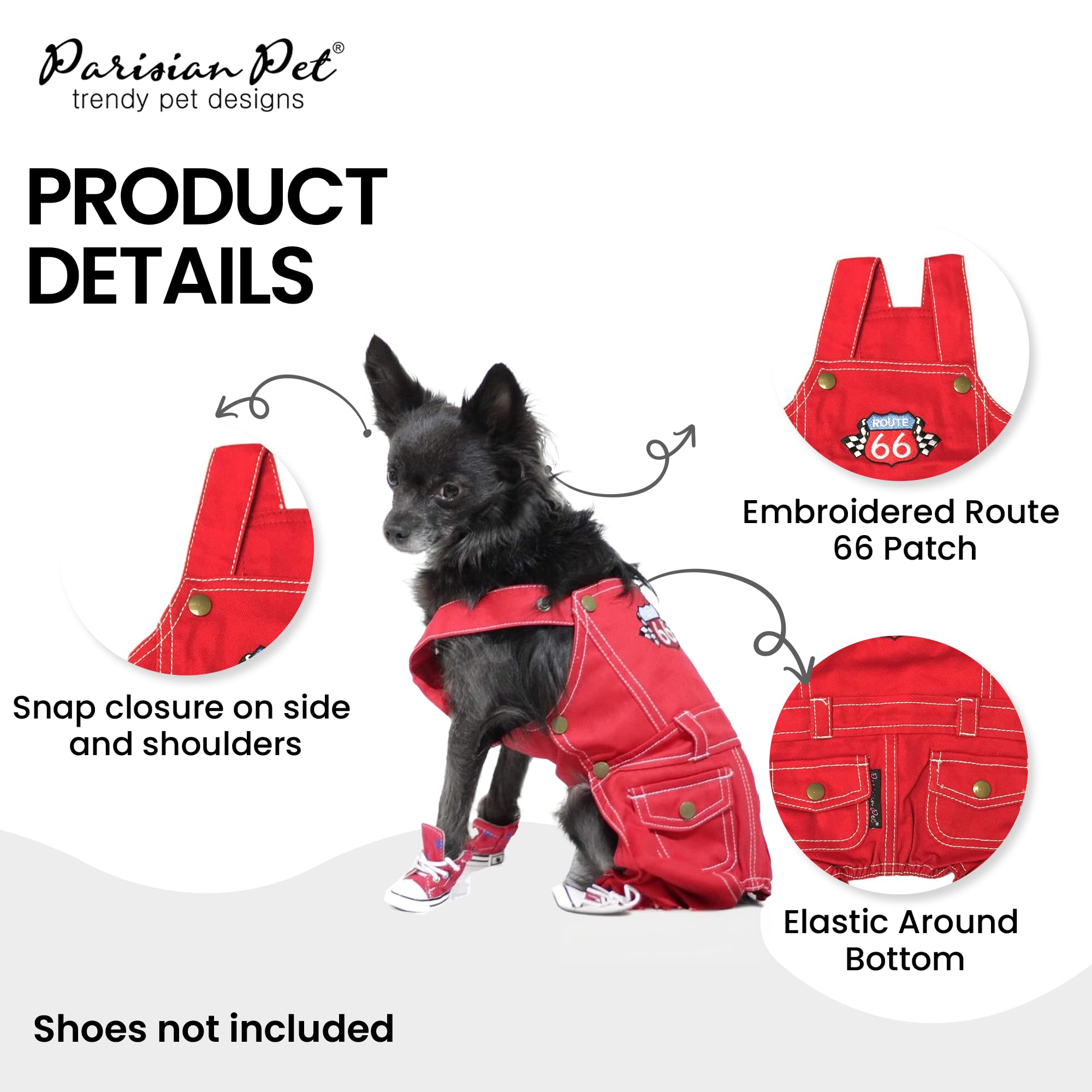 Parisian Pet Denim Dog Overalls - Embroidered 'Route 66' Red Jumpsuit - Breathable, Machine-Washable Medium Dog Costume