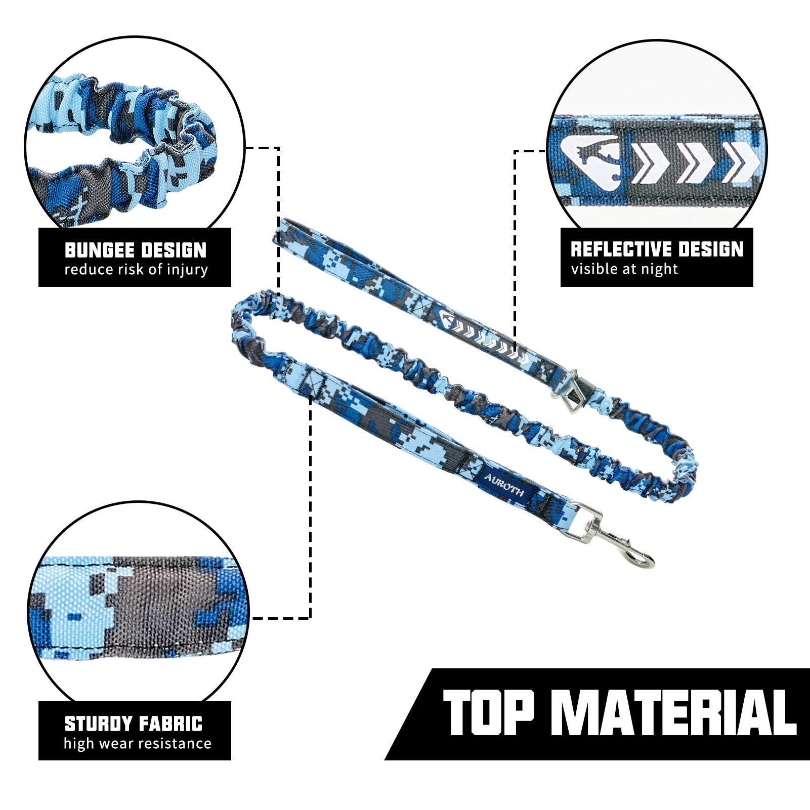 Auroth Heavy Duty Dog Leash - Bungee, No Pull For Shock Absorption, Blue Camo, 6Ft, 2 Padded Handles