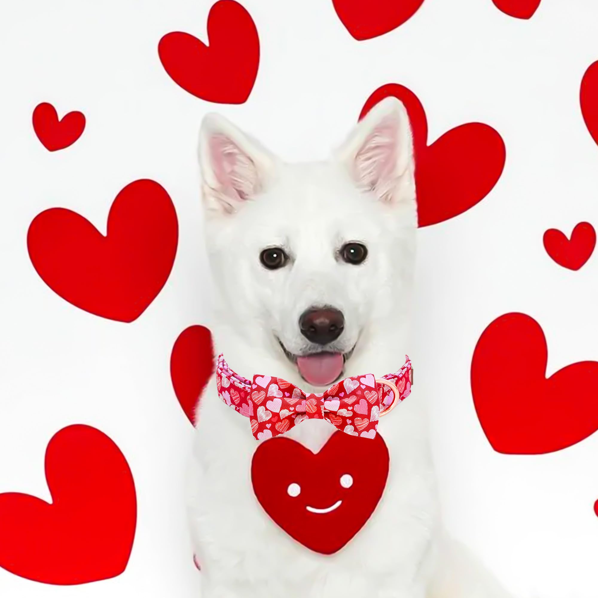 Tunkoo Valentine'S Day Dog Collar With Bow - Adjustable, Heart Print Design, Rose Gold Metal Buckle Cute & Stylish Pet Accessory