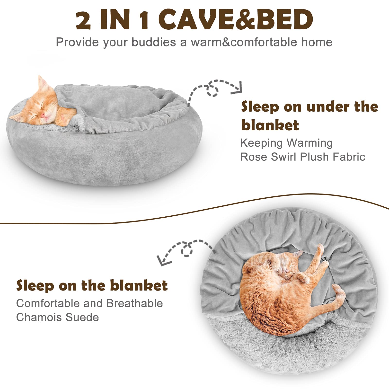 Joejoy Dog Beds For Small Medium Dogs, Cozy Cuddler Luxury Puppy Pet Bed With Blanket Attached, Donut Round Calming Anti-Anxiety