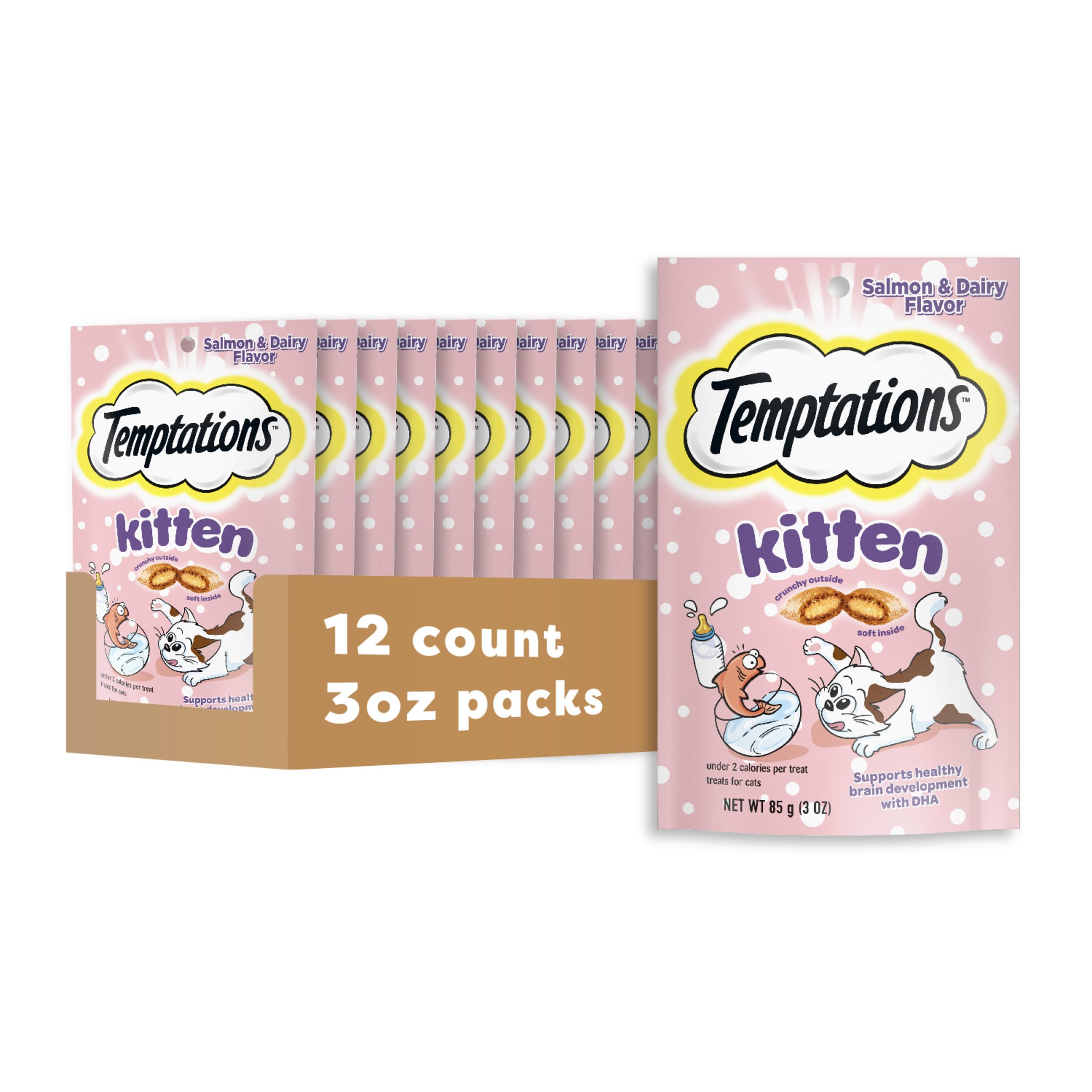 Temptations Kitten Crunchy and Soft Treats Salmon and Dairy Flavor, 3 oz. Pouch, (Pack of 12)