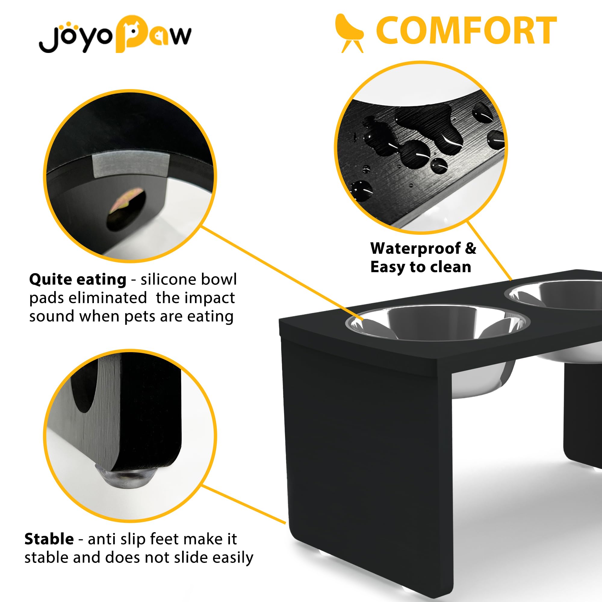 JOYOPAW Elevated Dog Bowls - Bamboo Raised Bowl for Large & Medium Dogs, 10'' Tall, Black, 2 Stainless Steel Bowls, Model FR01