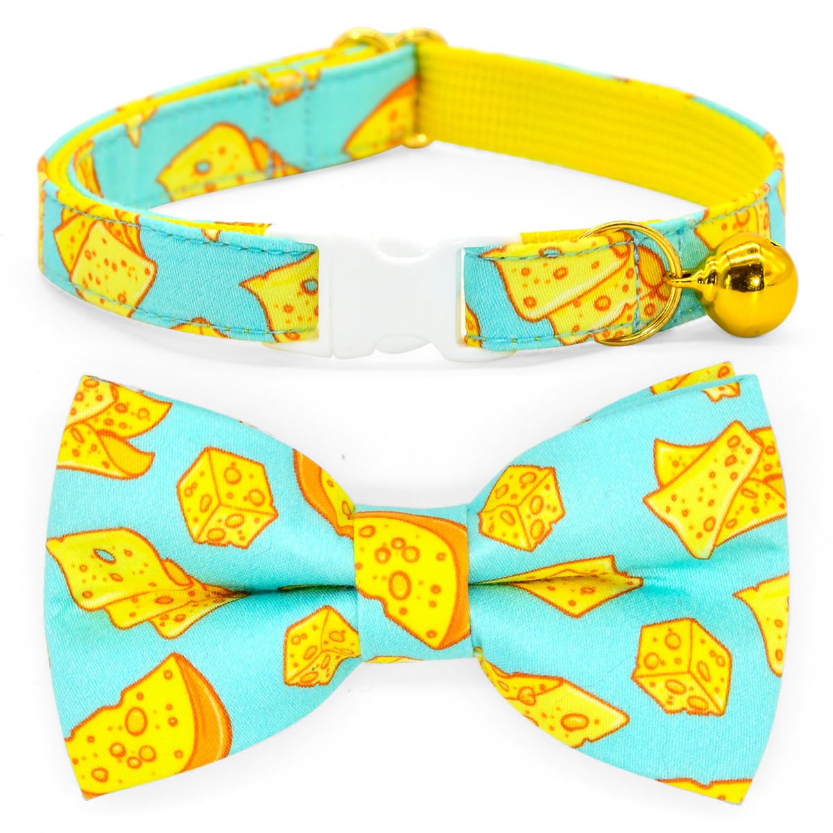 Cheese Cat Bow Tie Collar, Blue & Yellow Cheese Pattern, Wedding/Birthday/Festivals Cat Collar, Quick Release Safety Breakaway C