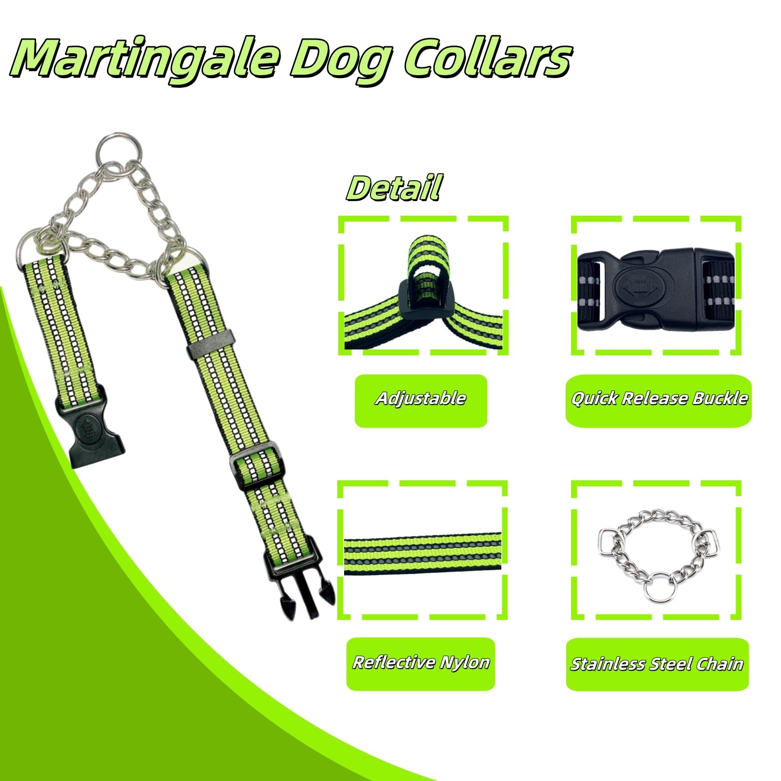 Martingale Dog Collars, Reflective Nylon Collar With Stainless Steel Chain, Adjustable Walking Training Dog Collars With Quick R