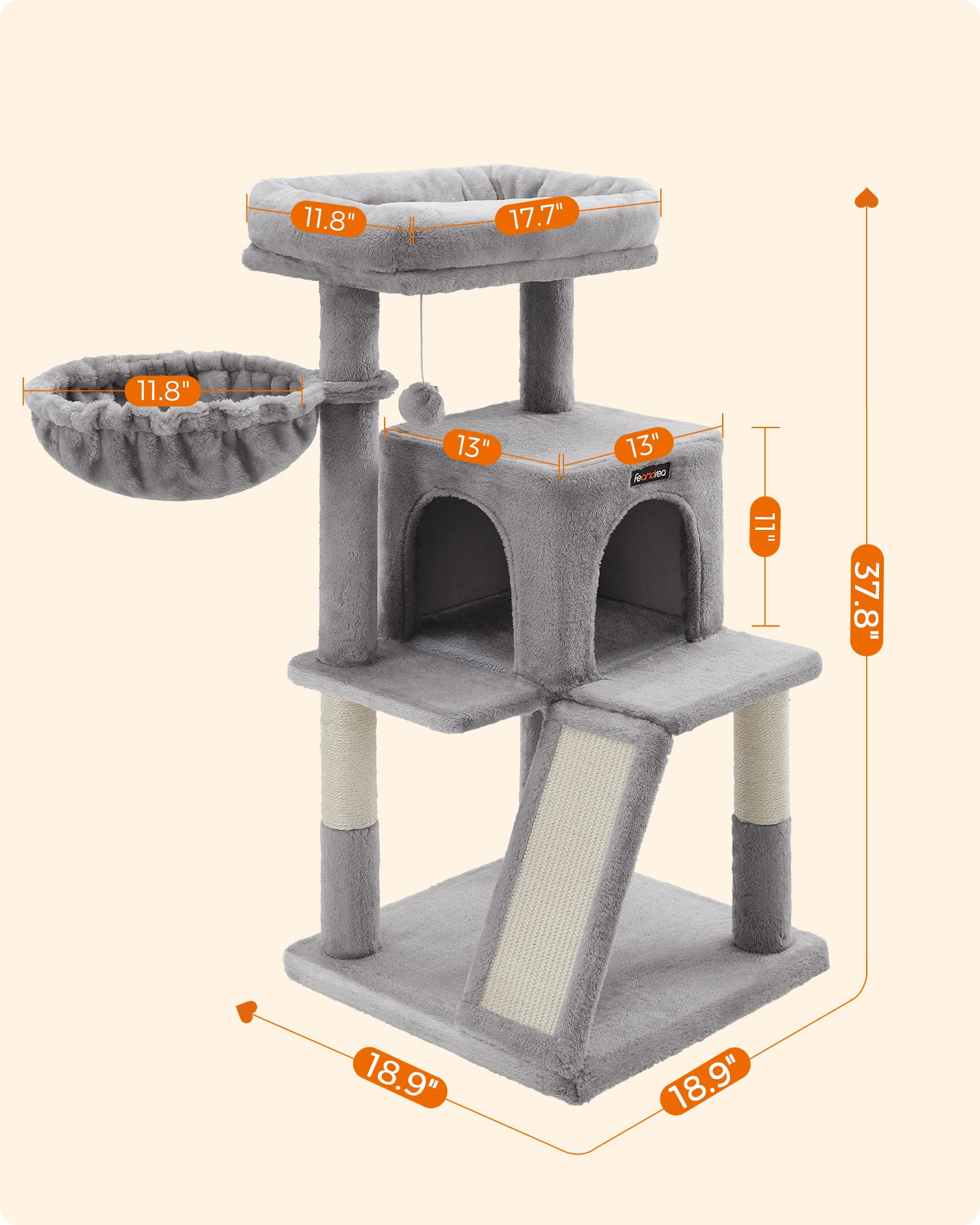 Feandrea Cat Tree, Small Cat Tower With Widened Perch For Large Cats Indoor, Kittens, 37.8-Inch Multi-Level Cat Condo, Scratching Posts And Ramp, 2-Door Cat Cave, Cat Basket, Light Gray Upct51W