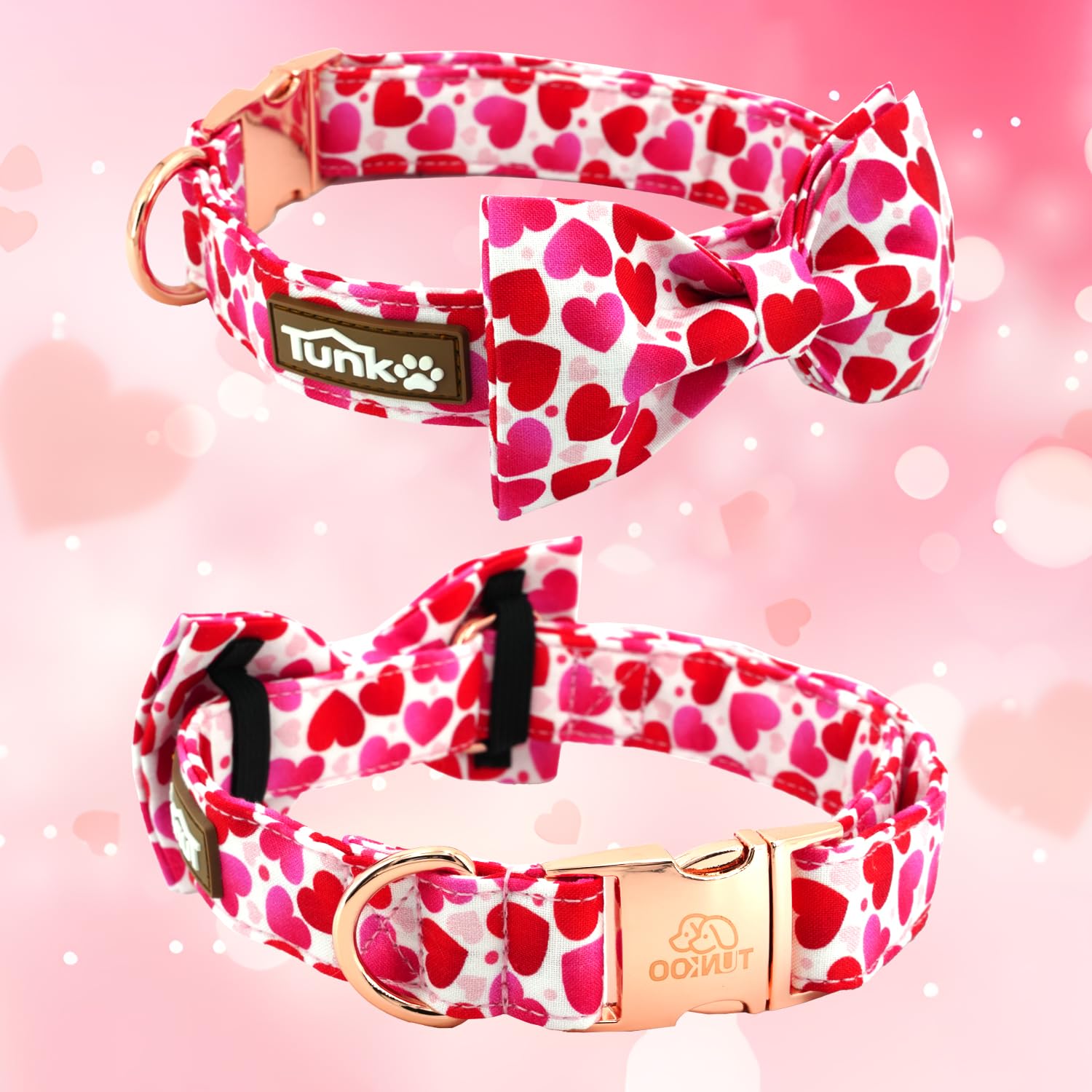 Tunkoo Valentine'S Day Dog Collar With Bow Tie - Adjustable And Adorable Pet Collar - Red Hearts With Rose Gold Buckle For Large