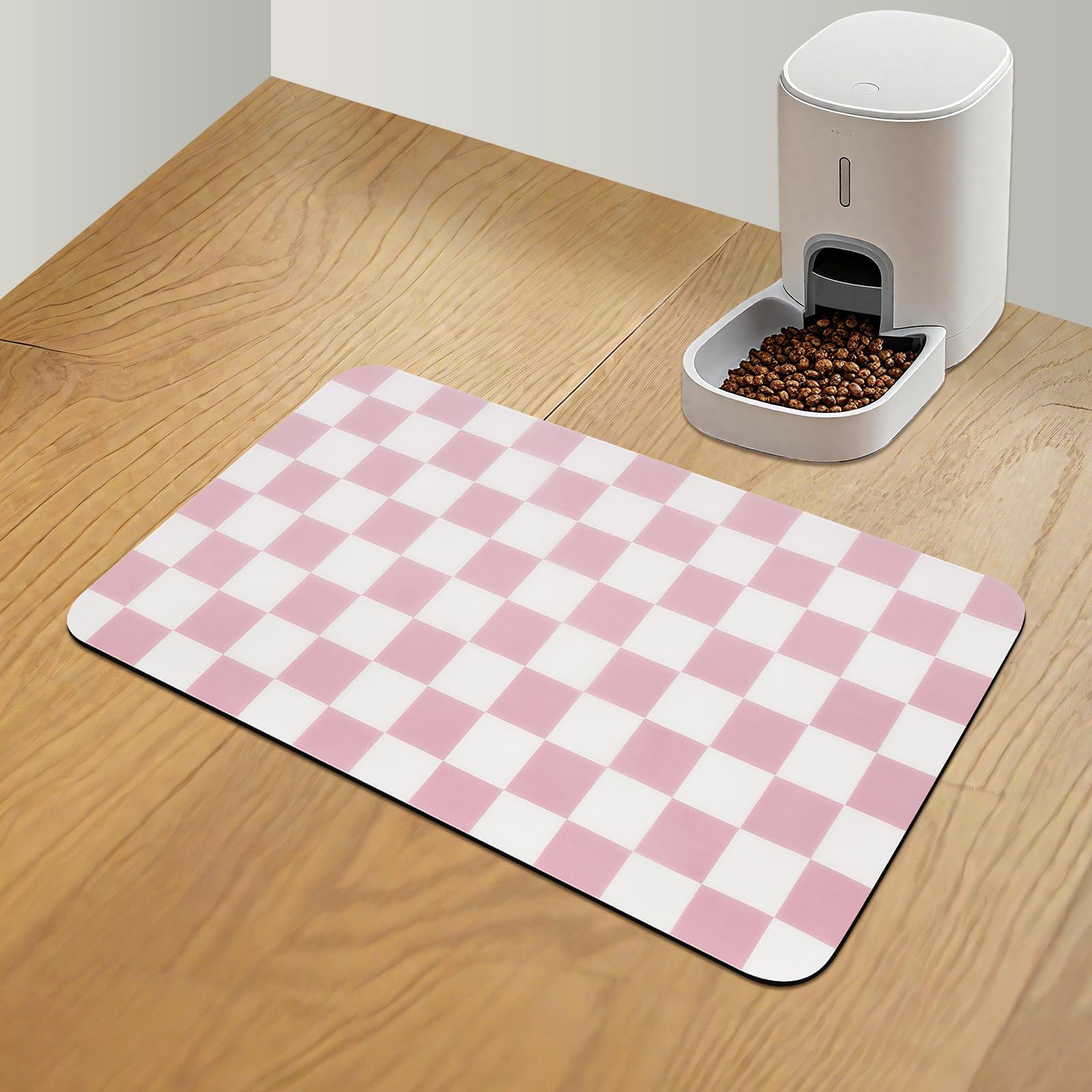 CooRug Checkered Dog Food Mat, Absorbent Leak-Proof Pet Feeding Mat, Quick Dry Cat Food Mat for Messy Drinkers 12 x 20 Pink