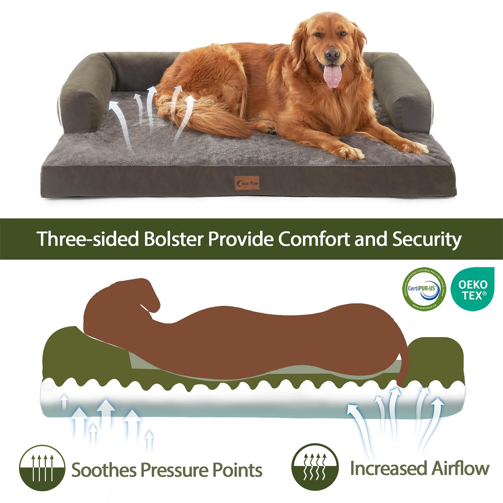 Casa Paw XXL Dog Bed with Bolsters, Waterproof Dog Beds for Extra Large Dogs, Memory Foam Orthopedic Dog Bed with Removable Wash