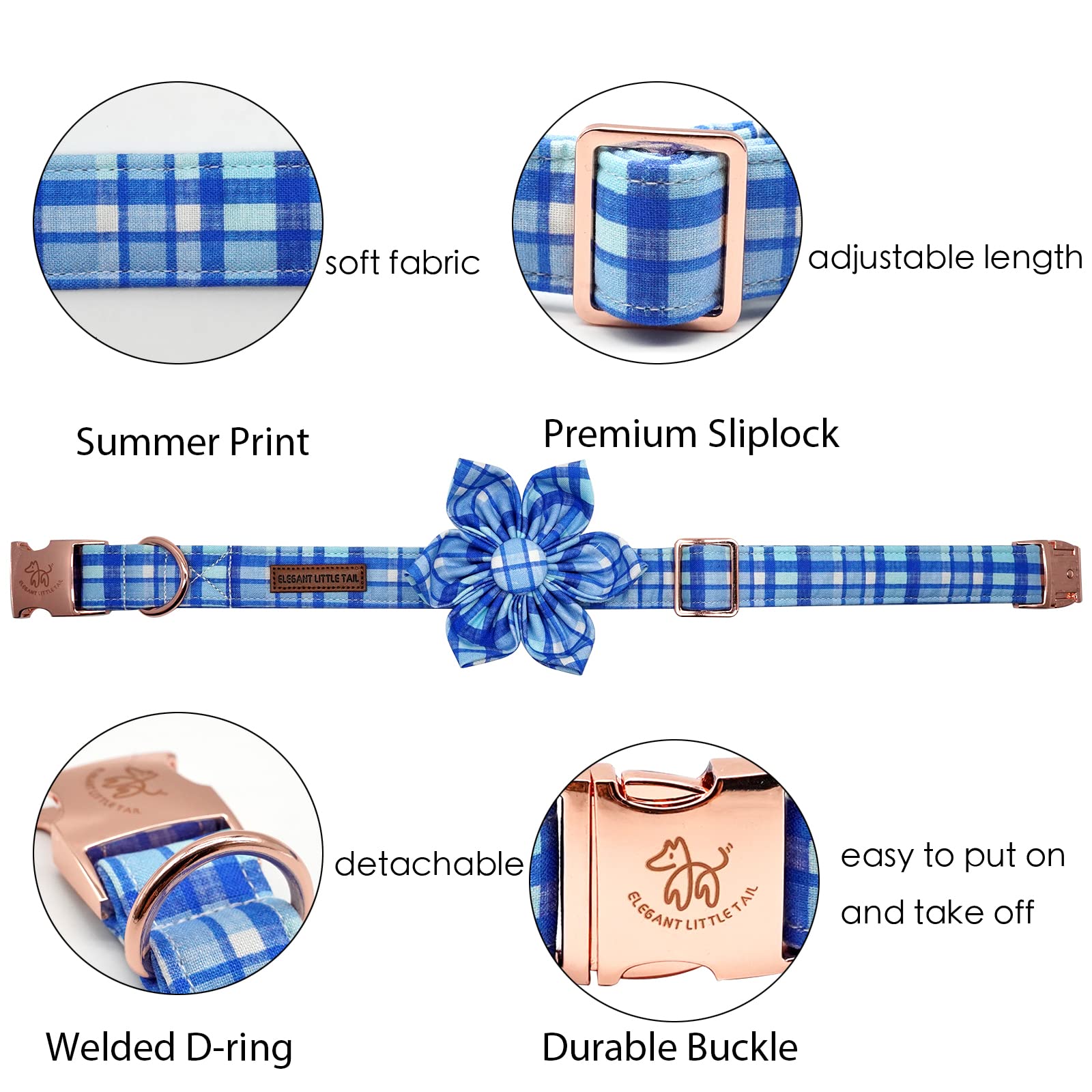 Elegant little tail Dog Collar with Flower - Blue Plaid Dog Collar Cute Flower Collar Adjustable Dog Collar for Small Puppy and