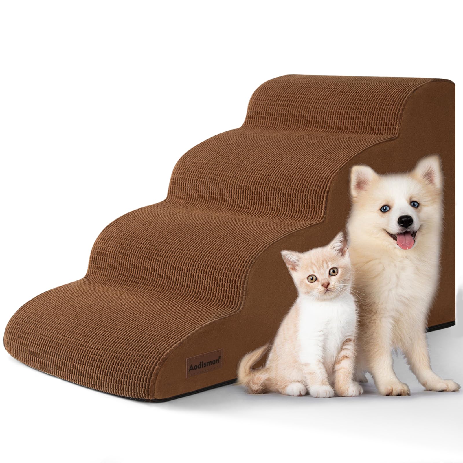 Aodisman 4-Step Dog Stairs and Ramp for Beds or Couches - Non-Slip Sturdy Pet Steps for Small Dogs and Cats,17.4 H,Brown