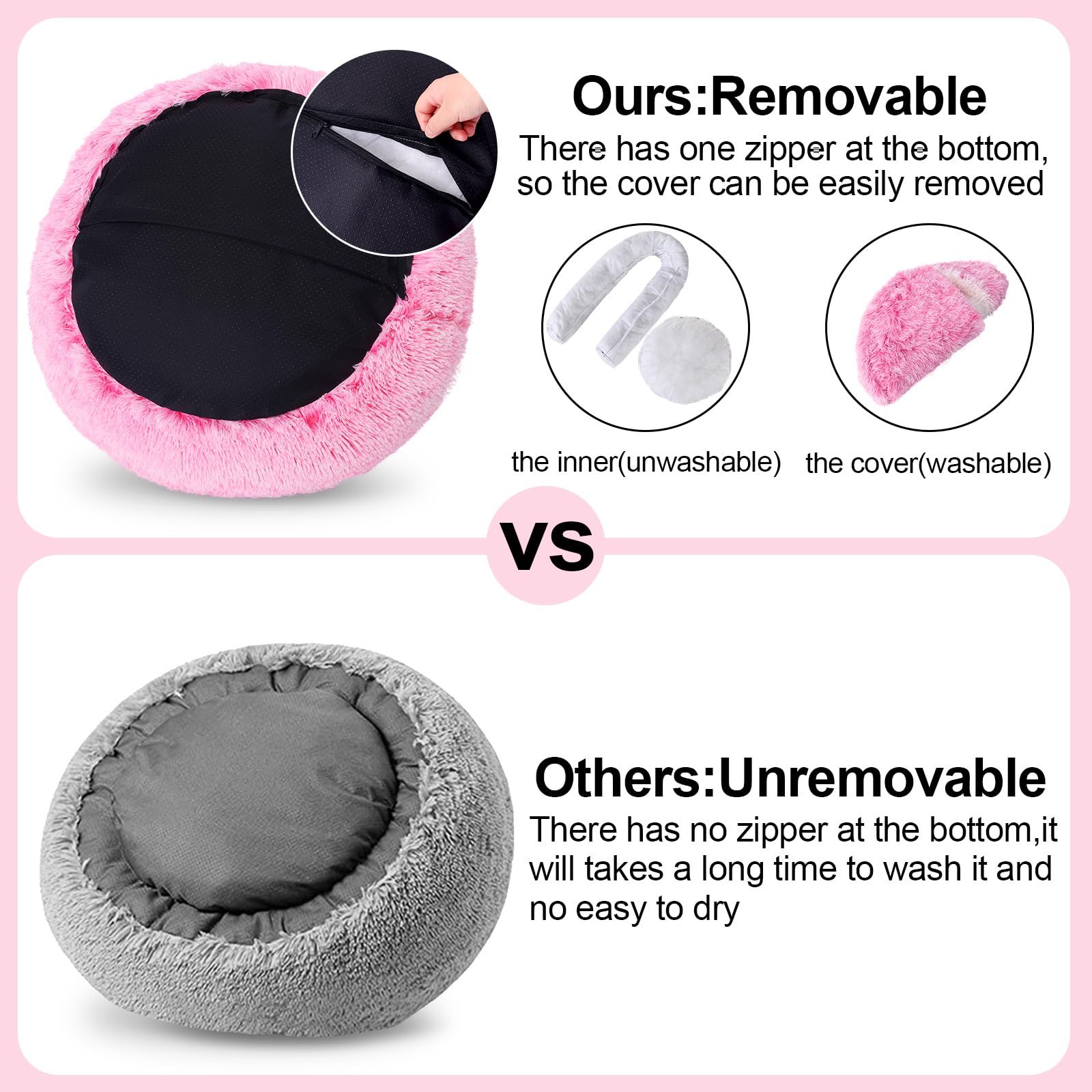 Calming Dog Beds With Hooded Cat Cave Cover - Removable, Washable Round Beds For Small To Medium Pets, Anti-Slip Faux Fur Fluffy