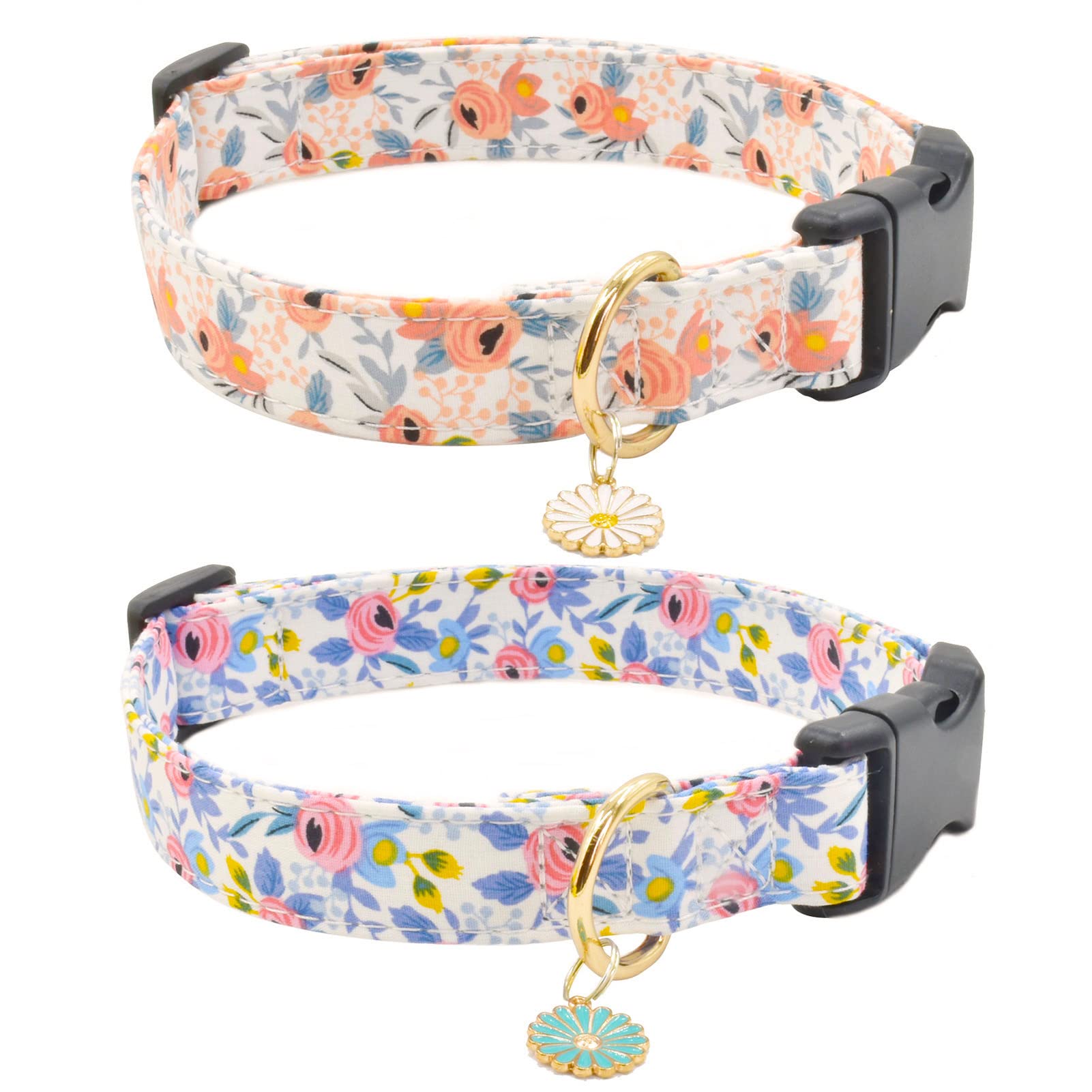 2 Pcs Cotton Dog Collar Soft Cute Flower -3 Sizes Soft Nylon Puppy Collar Adjustable For Girl Female Small Medium Large Dogs (S(