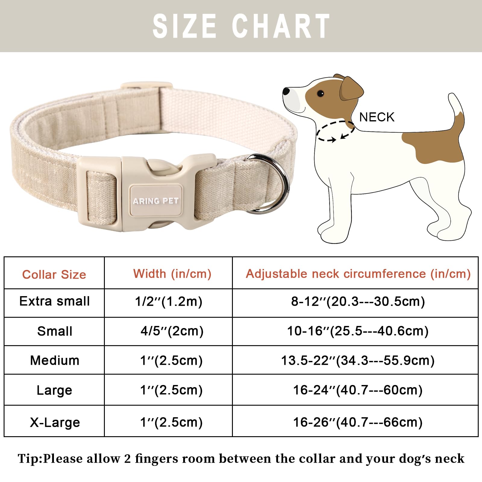 Aring Pet Cotton Dog Collar - Lightweight, Comfortable, Quick Release Buckle, X-Small, Khaki for Small to Medium Dogs