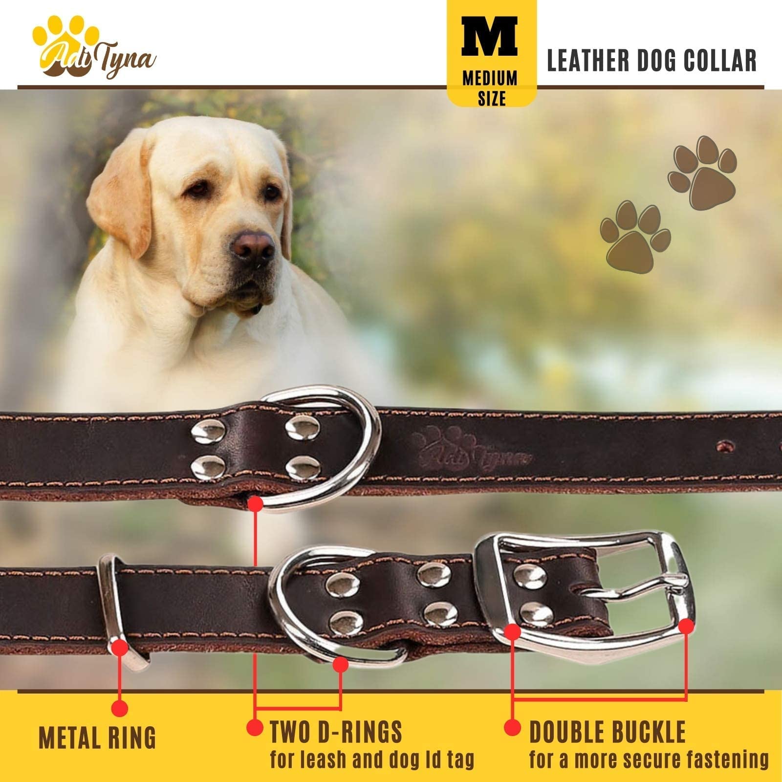 Adityna Heavy Duty Leather Dog Collar For Medium Dogs - Medium Dog Collar Gift Ideea For Dog Lovers - Soft And Strong,100% Genuine Leather (Medium, Brown)
