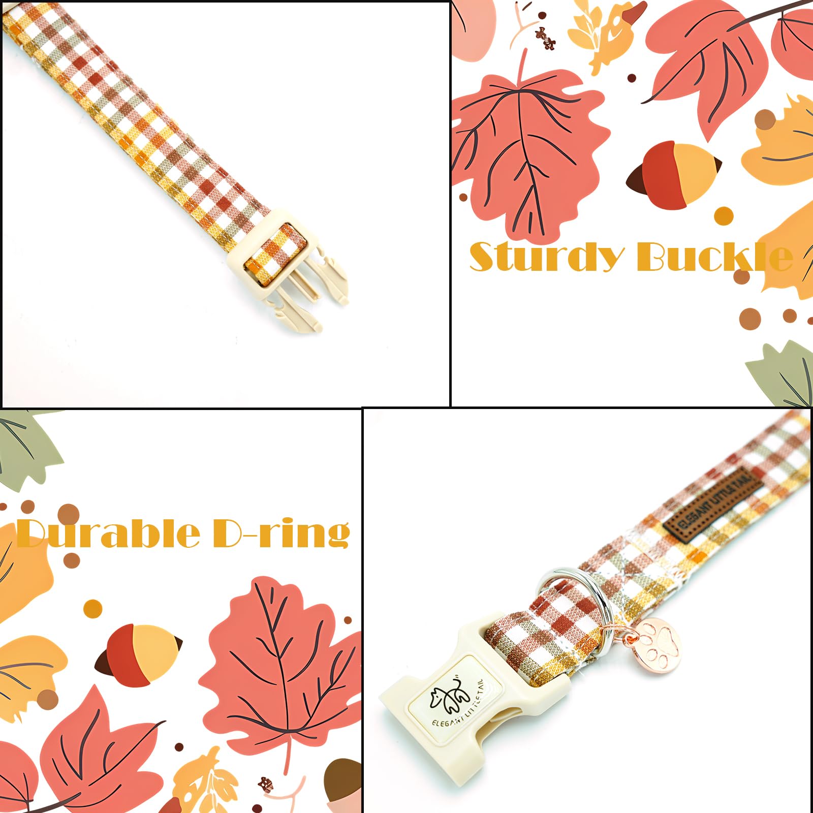 Elegant Little Tail Fall Dog Collar, Plaid Puppy Collars Fall Yellow Male Cute Puppy Adjustable Cotton Pet Collar With Quick Rel