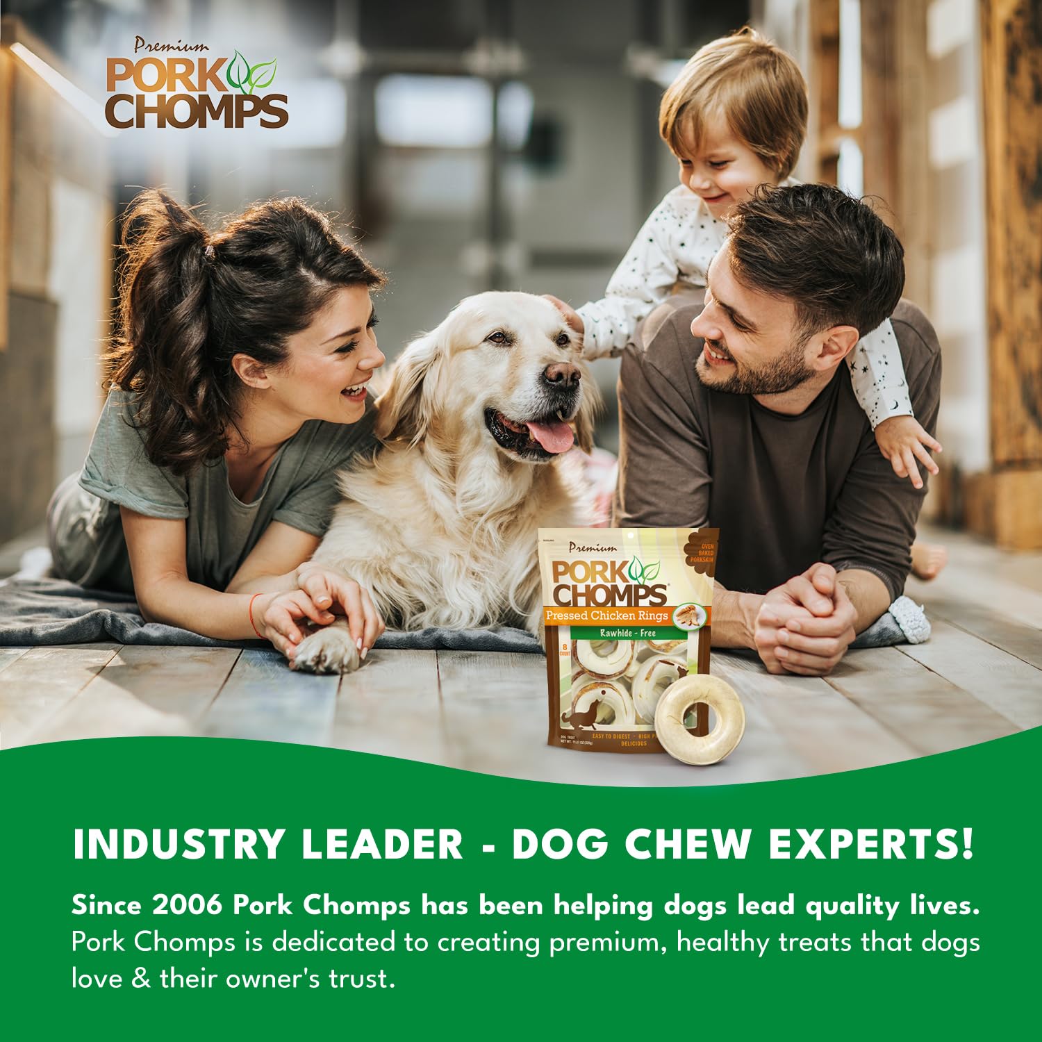Pork Chomps Pressed Pork Skin Dog Chews, Real Chicken, 8 Count, 2.5-inch Rings, Brown