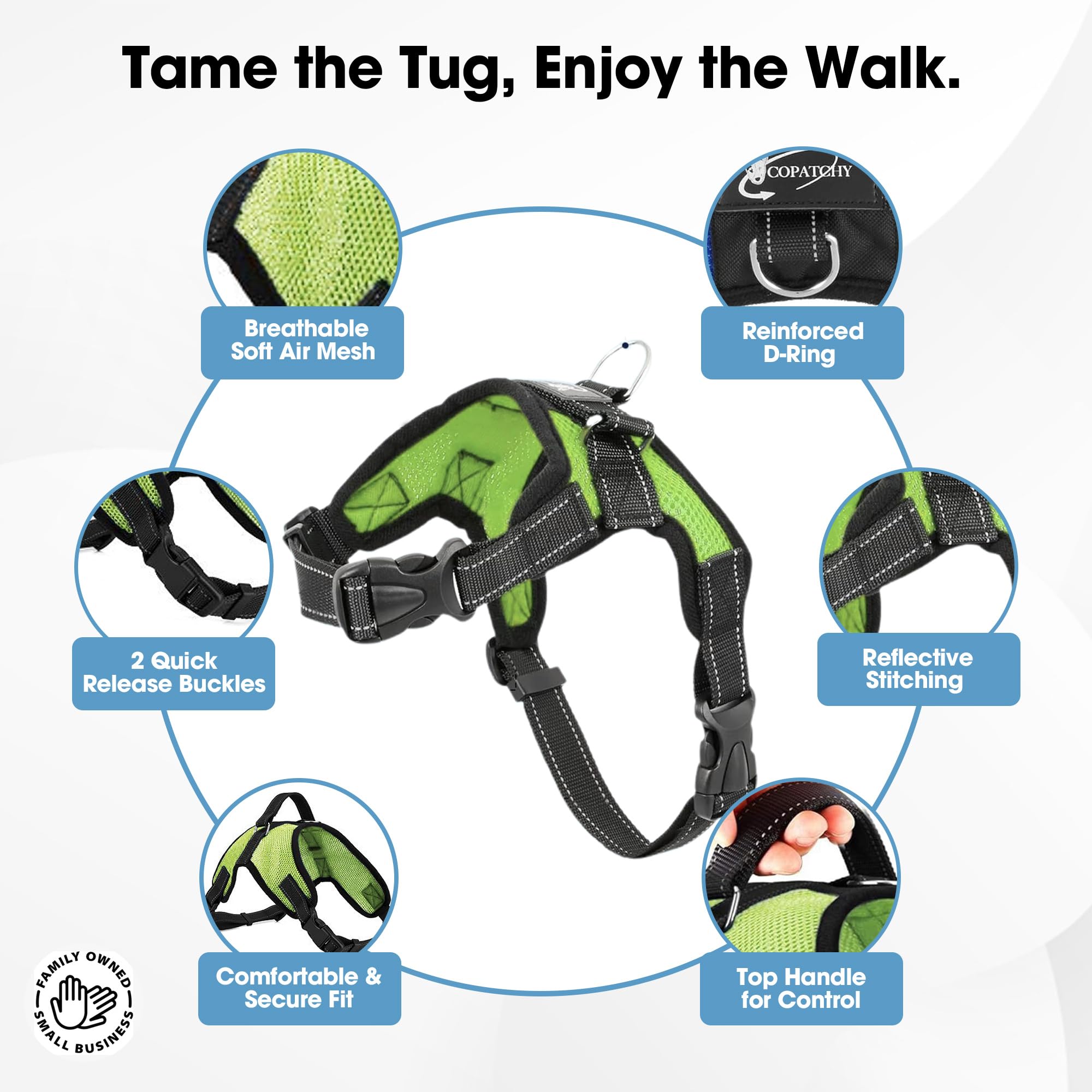 Copatchy No Pull Reflective Dog Harness, Medium Size, Green, Adjustable with Handle, Mesh Material