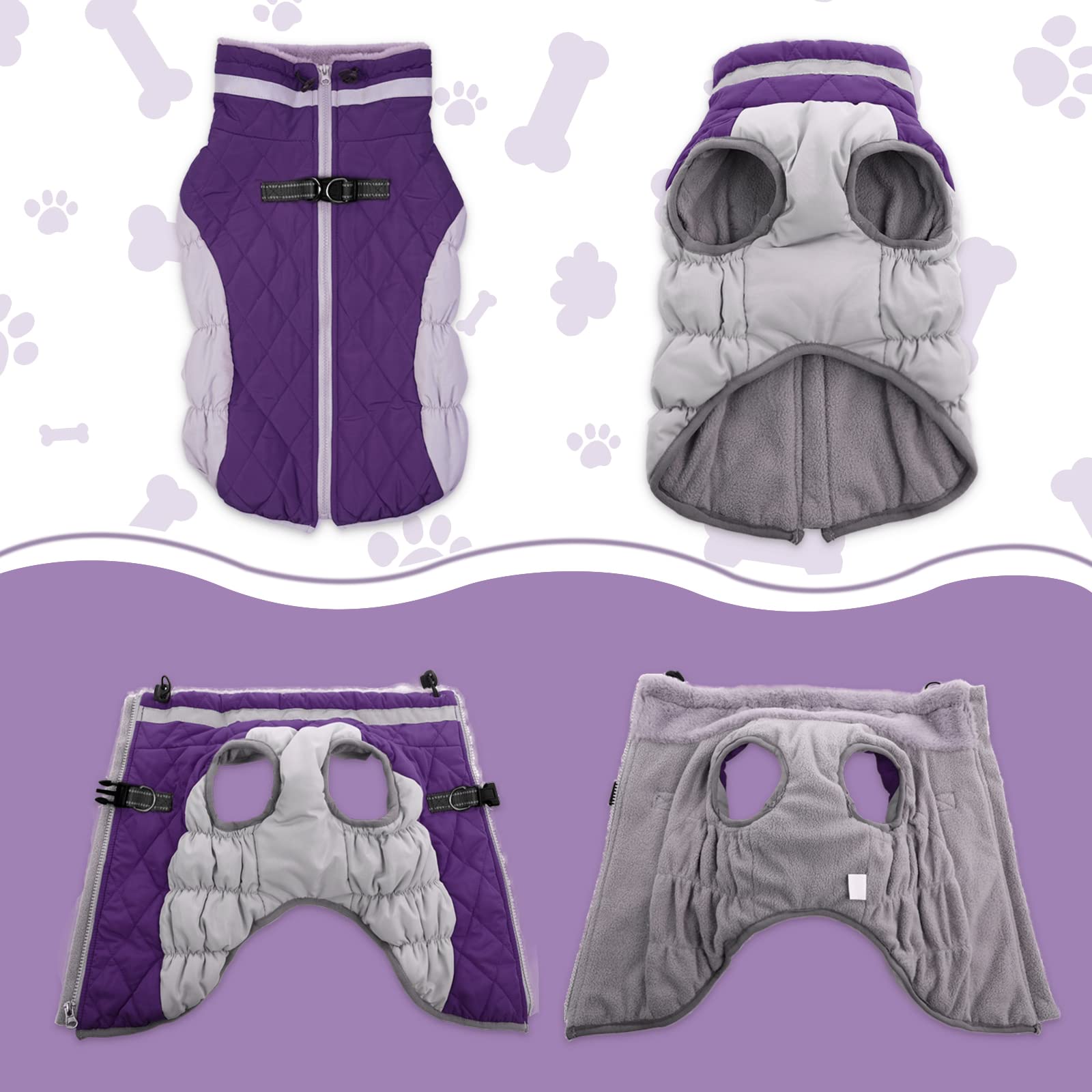 LeLePet Warm Dog Winter Coat, Windproof Reflective Vest, Thick Fleece Lining, Large, Purple