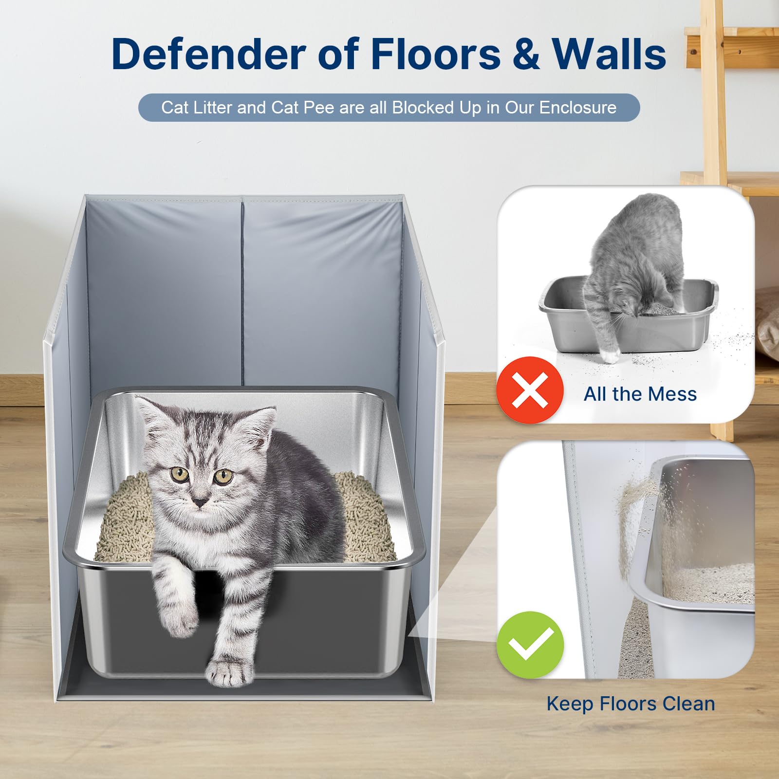 27.76'' L  19.5'' W  16.93'' H Cat Litter Box Enclosure Splash Guard With Removable Mat, High Sided Large Litter Box Shield For