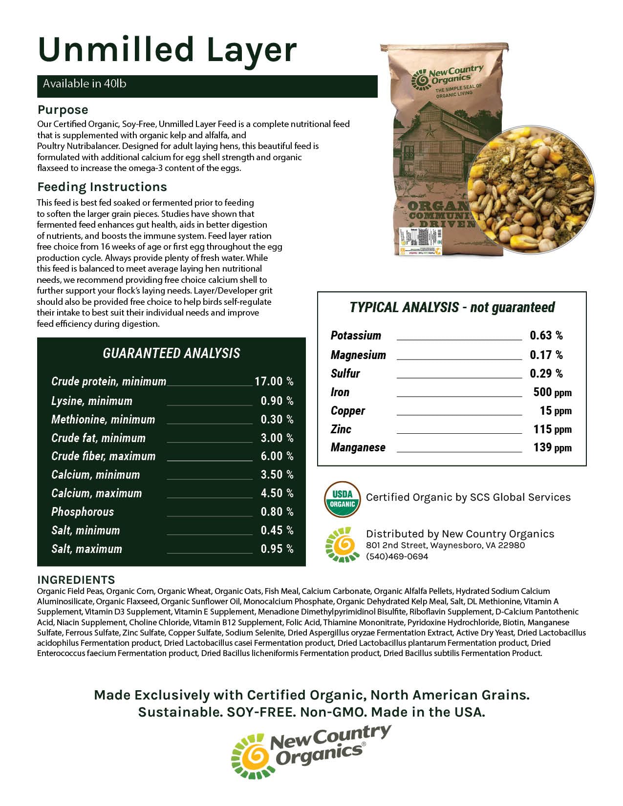 New Country Organics | Unmilled Layer Feed for Laying Hens | Soy-Free | 17% Protein | Certified Organic and Non-GMO | Great for