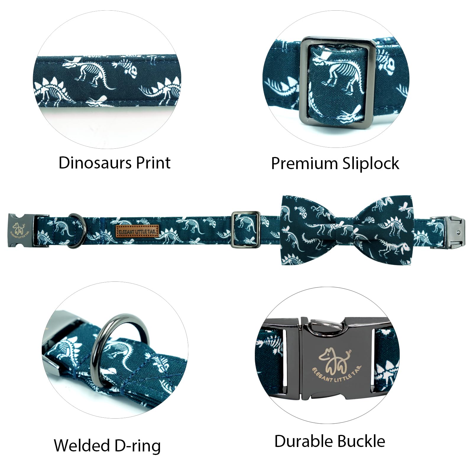Elegant Little Tail Dog Collar, Dinosaurs Print Pet Collars With Bow Soft Cutton Boy Puppy Gift Adjustable Blue Bowtie Dog Colla