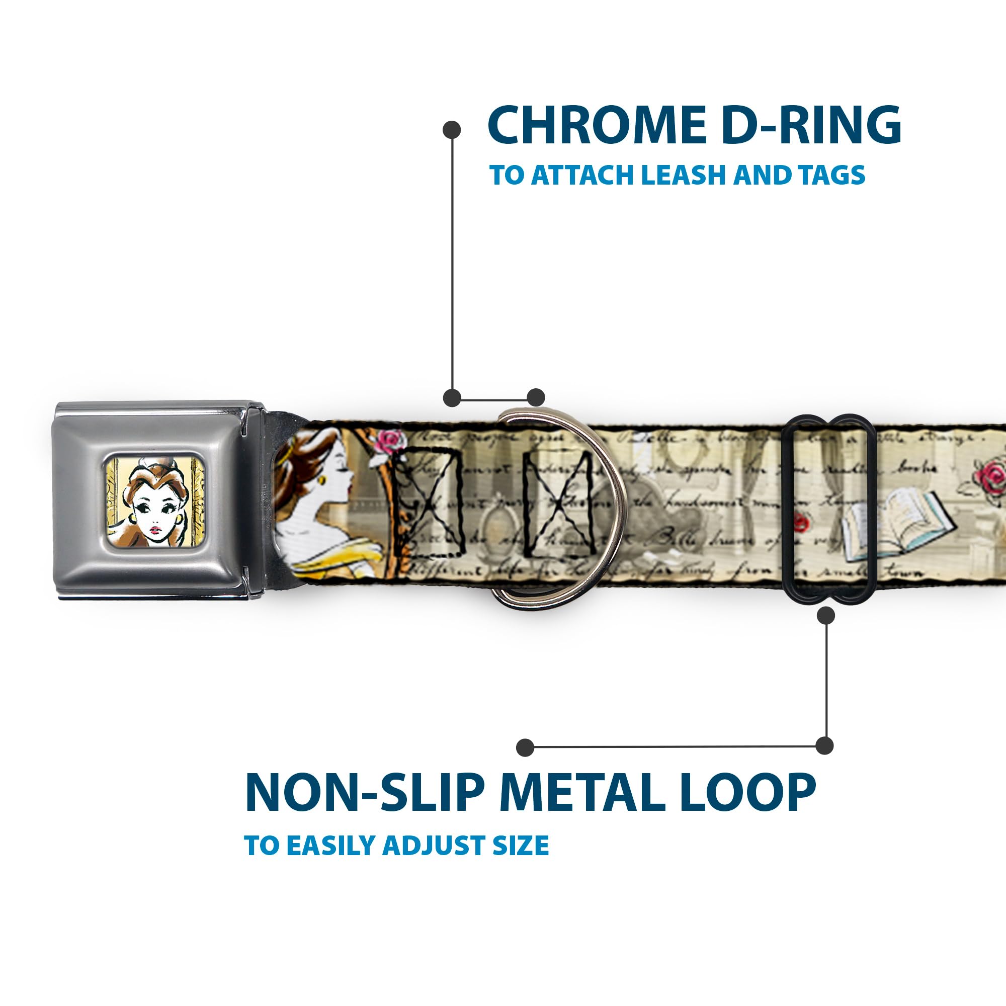 Buckle-Down Seatbelt Buckle Dog Collar - Belle Sketch Poses/Story Script - 1.5 Wide - Fits 16-23 Neck - Medium