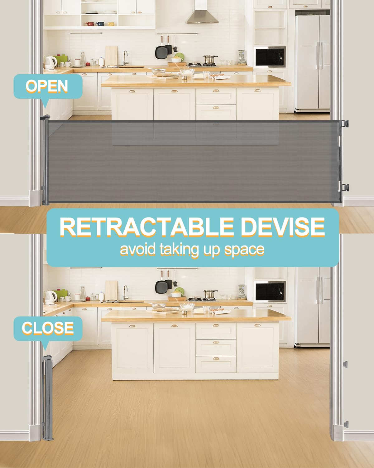 Retractable Baby Gate for Stairs - 33    Height, Expands up to 118    Width - Safety Gate for Infants, Toddlers, Dogs & Pets - E